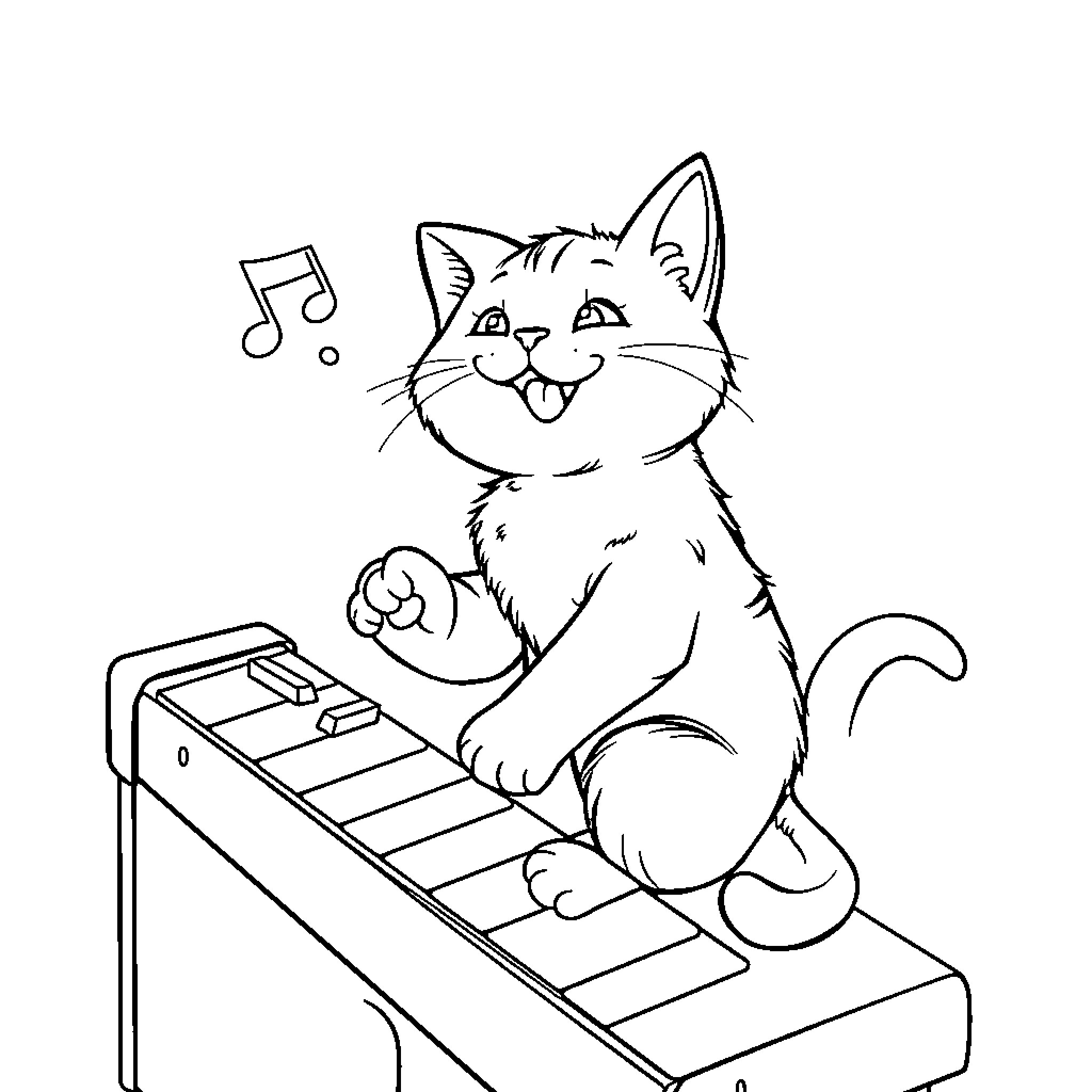 Cat playing joyfully on a musical keyboard Coloring Page (free black-and-white line drawing printable PDF for all, from beginners to advanced learners, including children, teens, adults, and seniors)