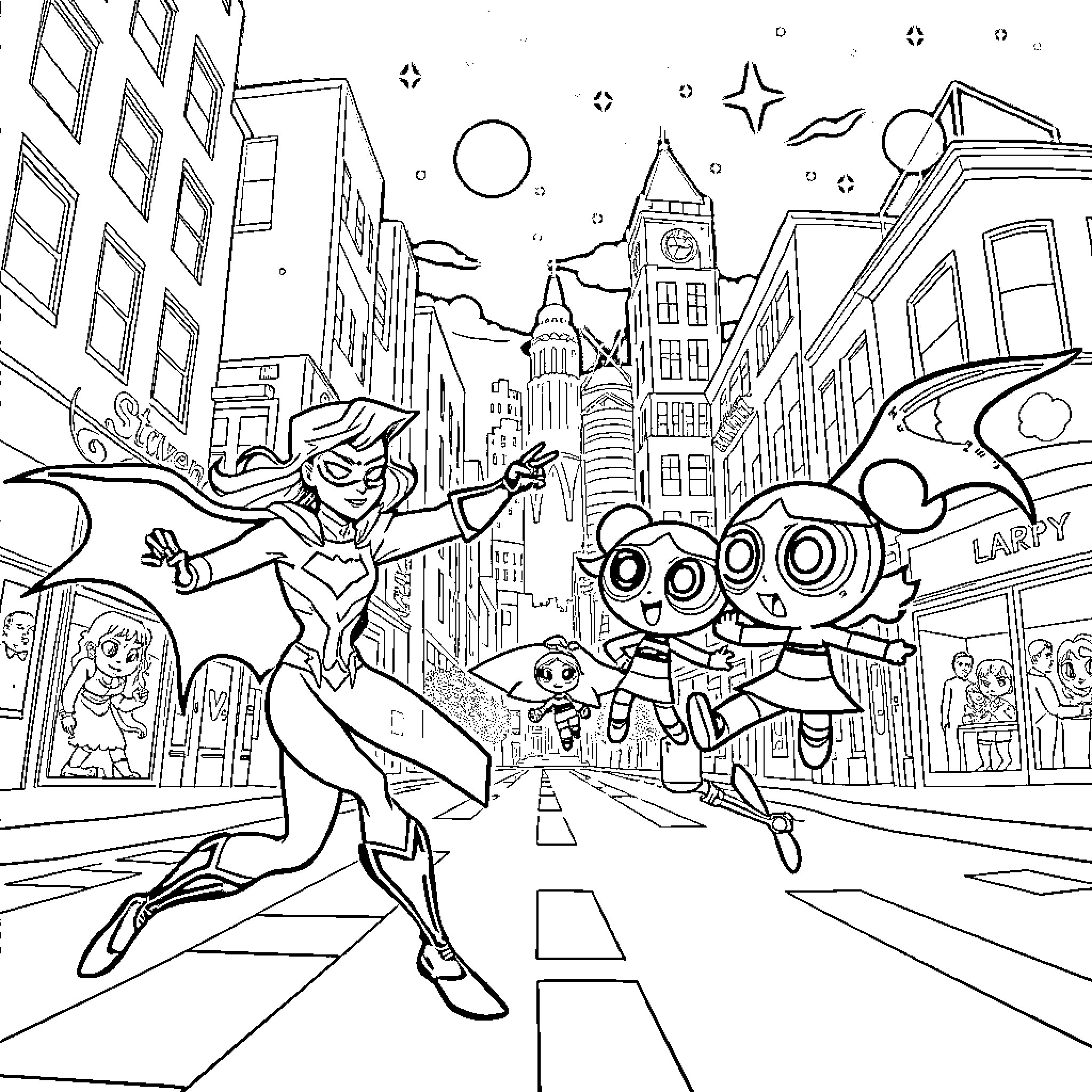 Starfire's Superhero Adventure in the City Coloring Page (free black-and-white line drawing printable PDF for all, from beginners to advanced learners, including children, teens, adults, and seniors)