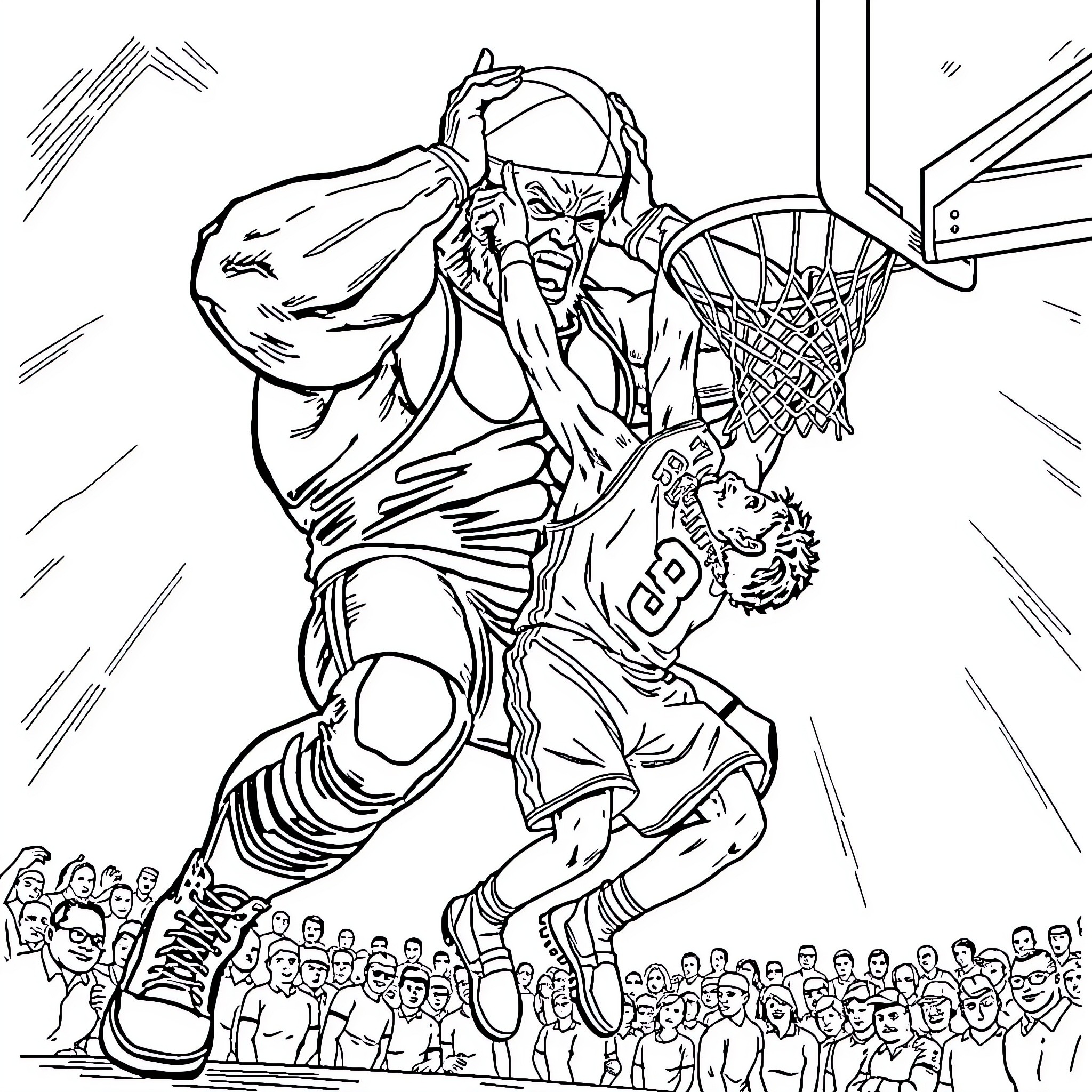 Wrestler's Powerful Dunk in the Basketball Court Coloring Page (free black-and-white line drawing printable PDF for all, from beginners to advanced learners, including children, teens, adults, and seniors)