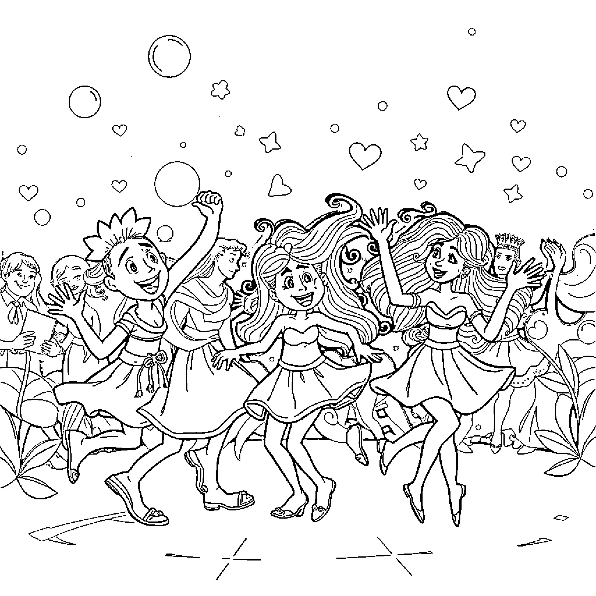 Animation of figures dancing joyfully in a playful scene Coloring Page (free black-and-white line drawing printable PDF for all, from beginners to advanced learners, including children, teens, adults, and seniors)