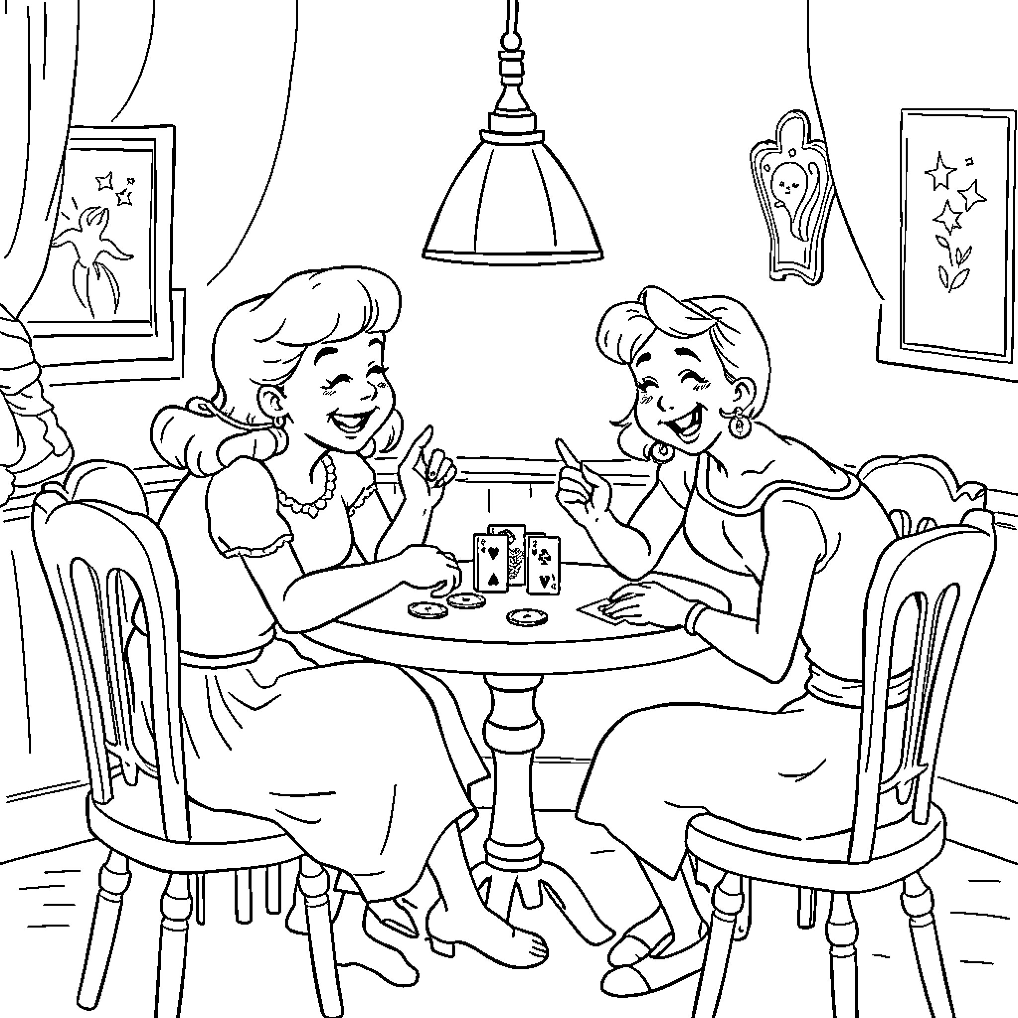 Pippi Langstrumpf enjoying tea party with friends Coloring Page (free black-and-white line drawing printable PDF for all, from beginners to advanced learners, including children, teens, adults, and seniors)
