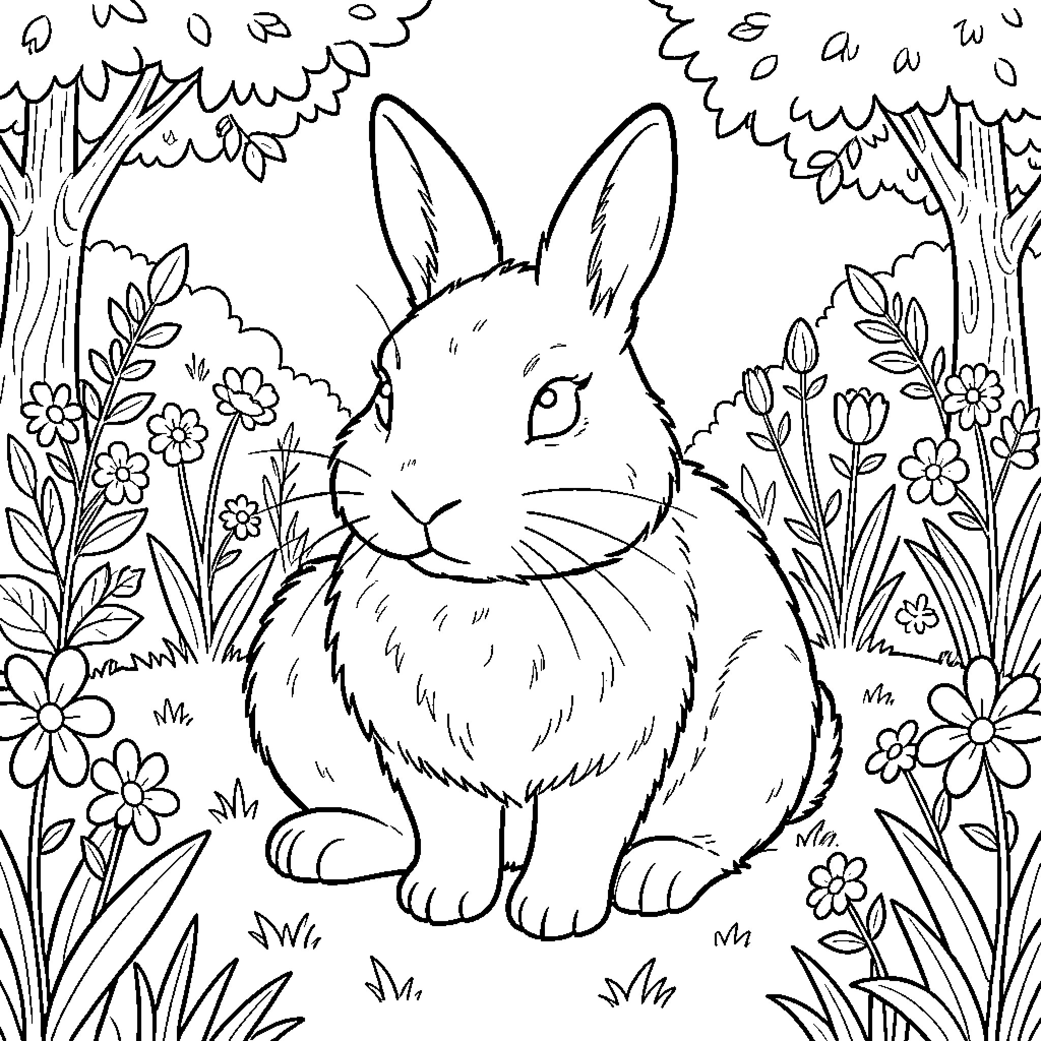 Rabbit sitting peacefully among flowers in a garden Coloring Page (free black-and-white line drawing printable PDF for all, from beginners to advanced learners, including children, teens, adults, and seniors)