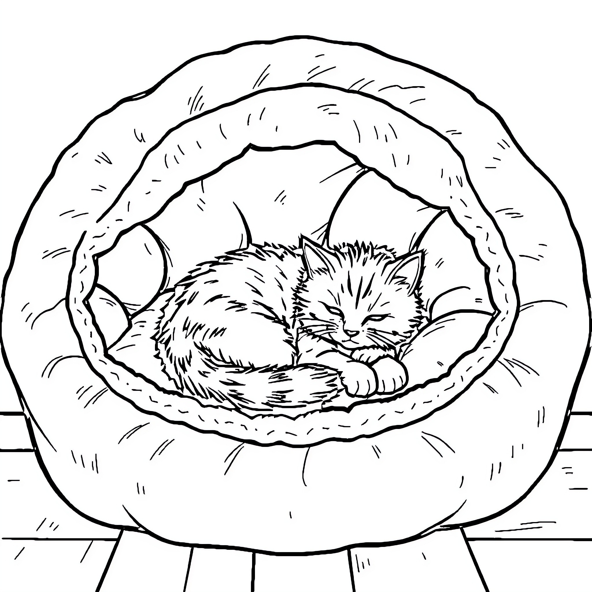 Cat sleeping comfortably in a cozy basket Coloring Page (free black-and-white line drawing printable PDF for all, from beginners to advanced learners, including children, teens, adults, and seniors)