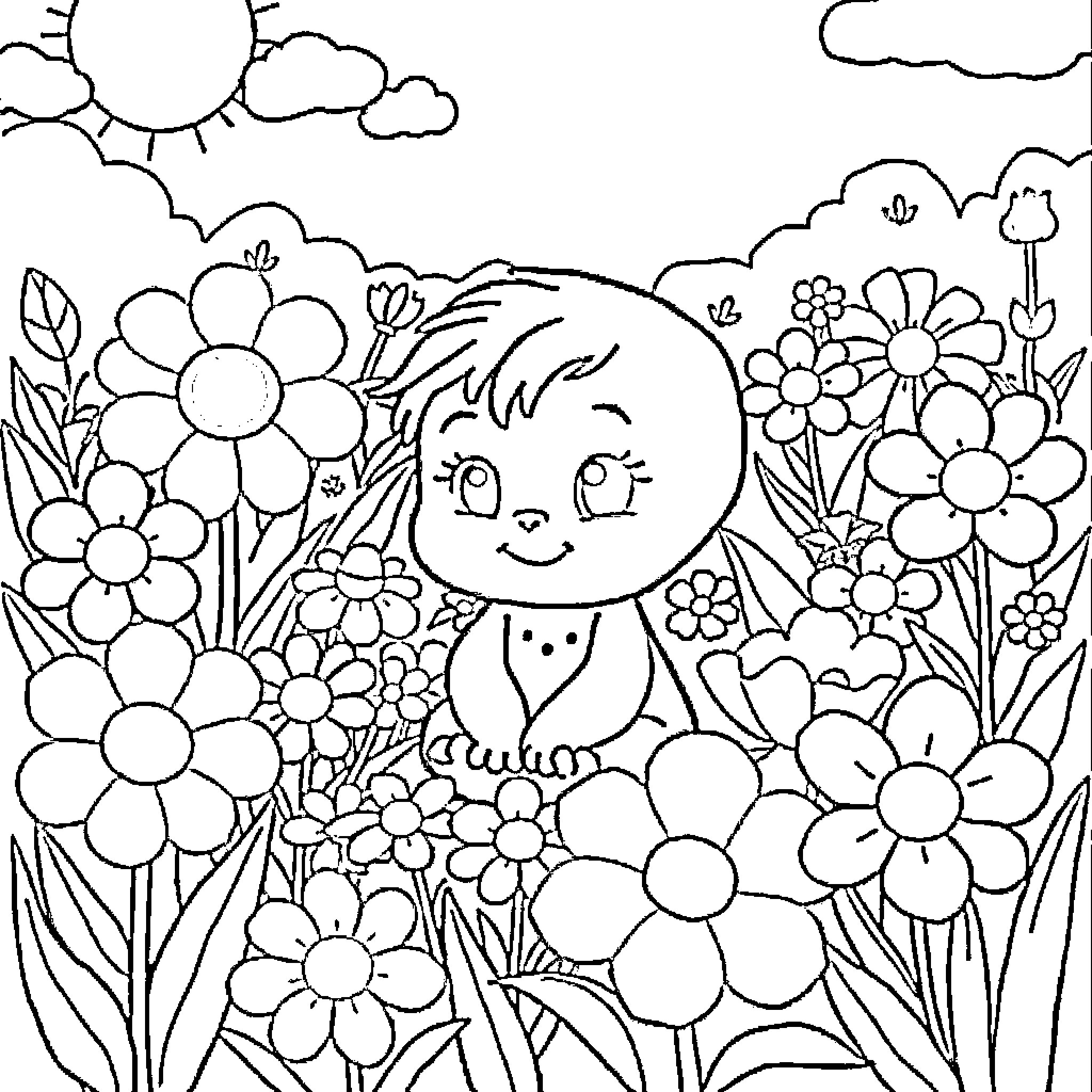 Nody's Delightful Floral Adventure Coloring Page (free black-and-white line drawing printable PDF for all, from beginners to advanced learners, including children, teens, adults, and seniors)