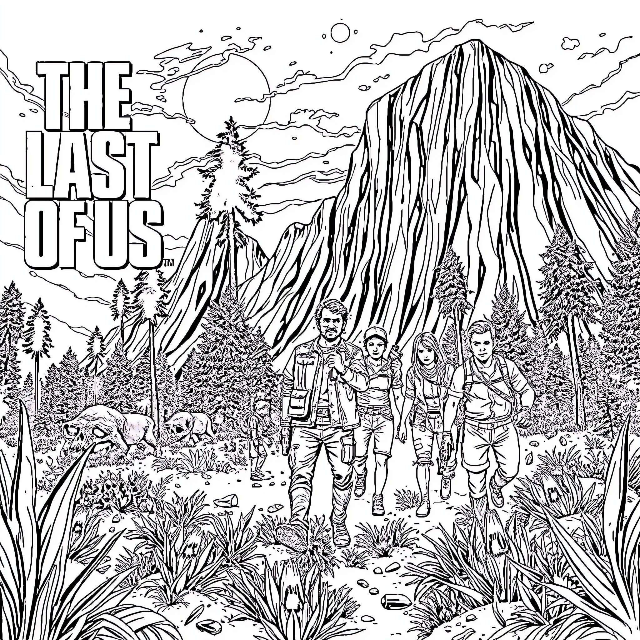 The Last Of Us: Survivors Trekking Through Wilderness Coloring Page (free black-and-white line drawing printable PDF for all, from beginners to advanced learners, including children, teens, adults, and seniors)