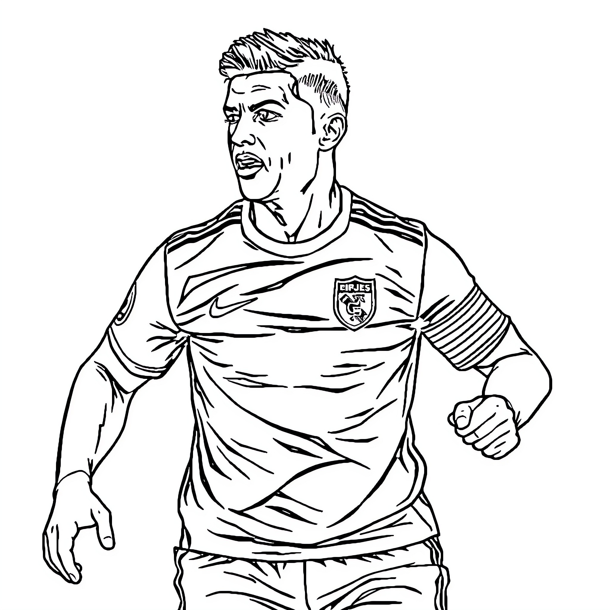 Ronaldo in Sports Uniform Celebrating Coloring Page (free black-and-white line drawing printable PDF for all, from beginners to advanced learners, including children, teens, adults, and seniors)