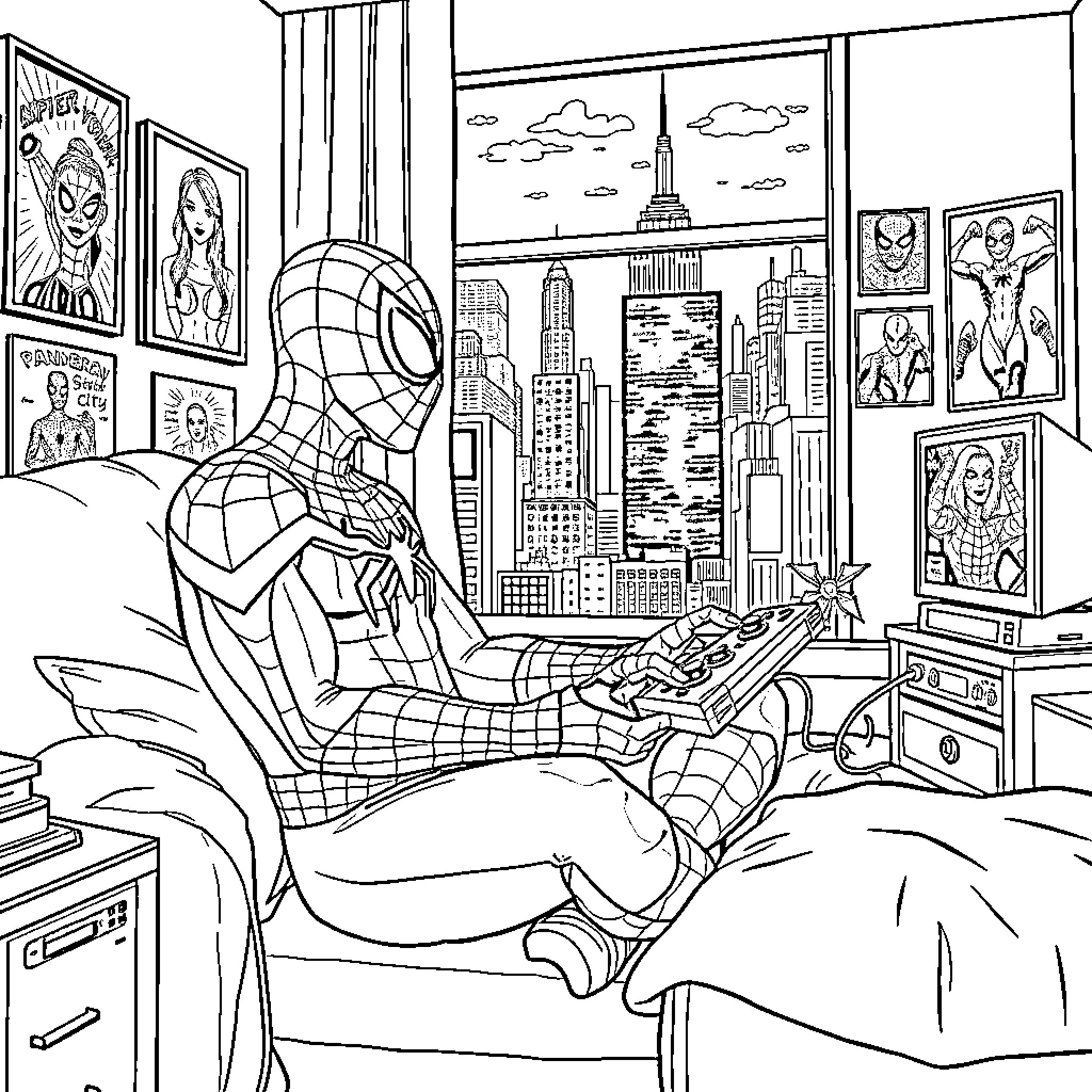 Spider-Man relaxing in his bedroom Coloring Page (free black-and-white line drawing printable PDF for all, from beginners to advanced learners, including children, teens, adults, and seniors)