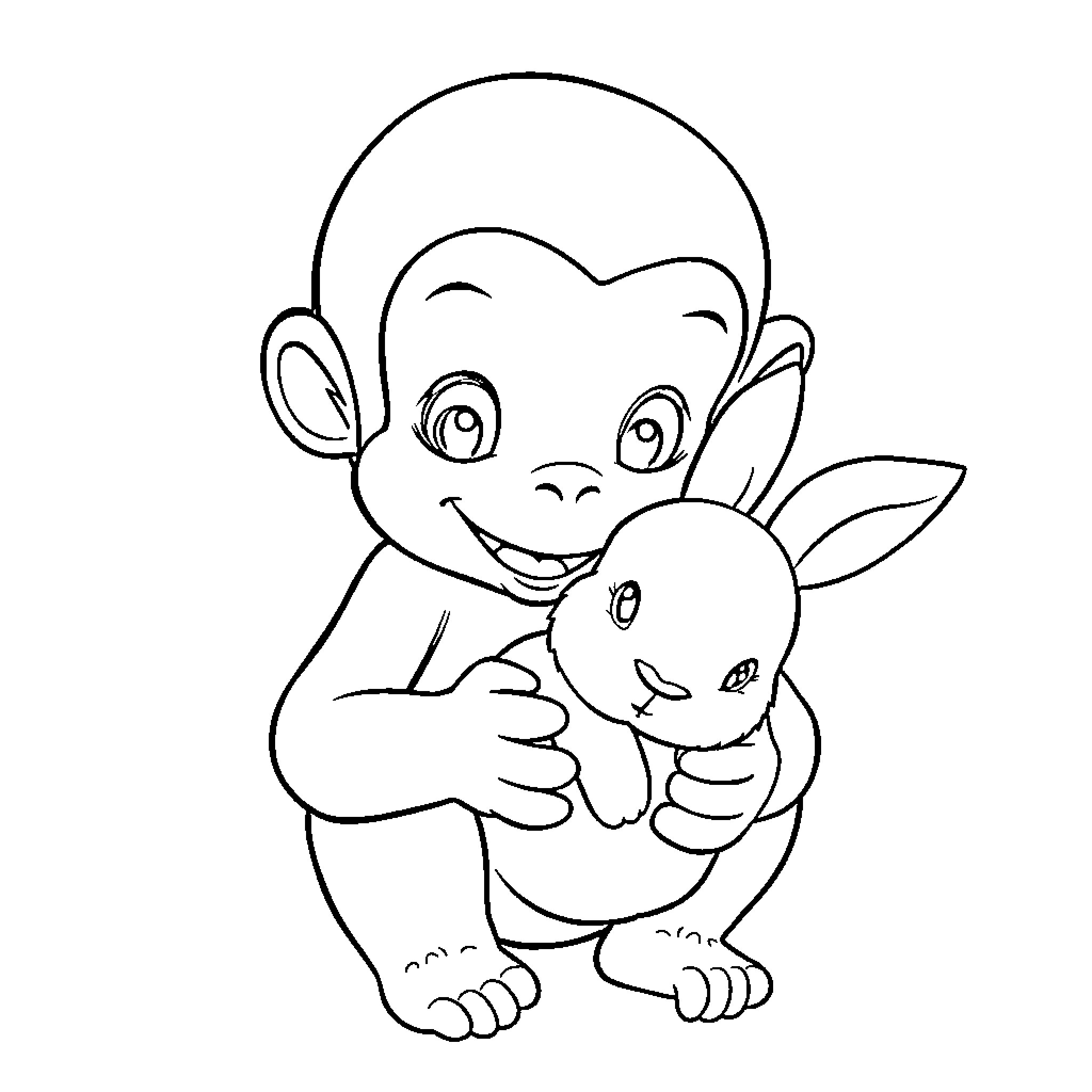 Curious George Hugging Adorable Bunny Coloring Page (free black-and-white line drawing printable PDF for all, from beginners to advanced learners, including children, teens, adults, and seniors)