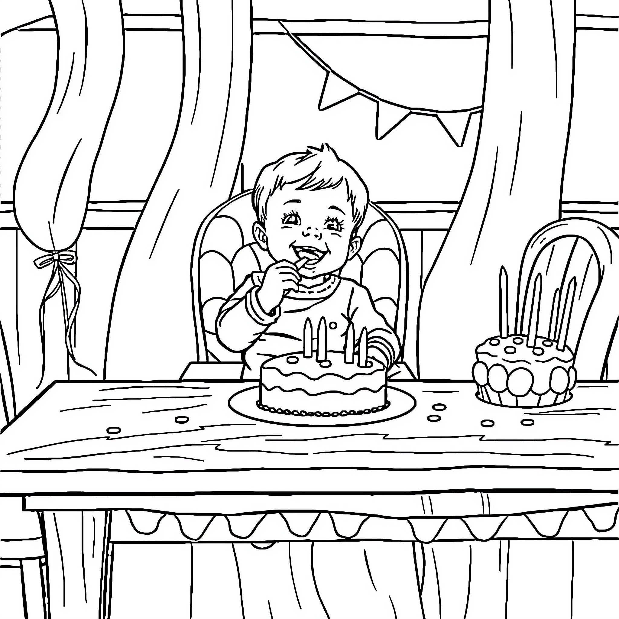 Baby Boy Celebrating Birthday with Cake Coloring Page (free black-and-white line drawing printable PDF for all, from beginners to advanced learners, including children, teens, adults, and seniors)