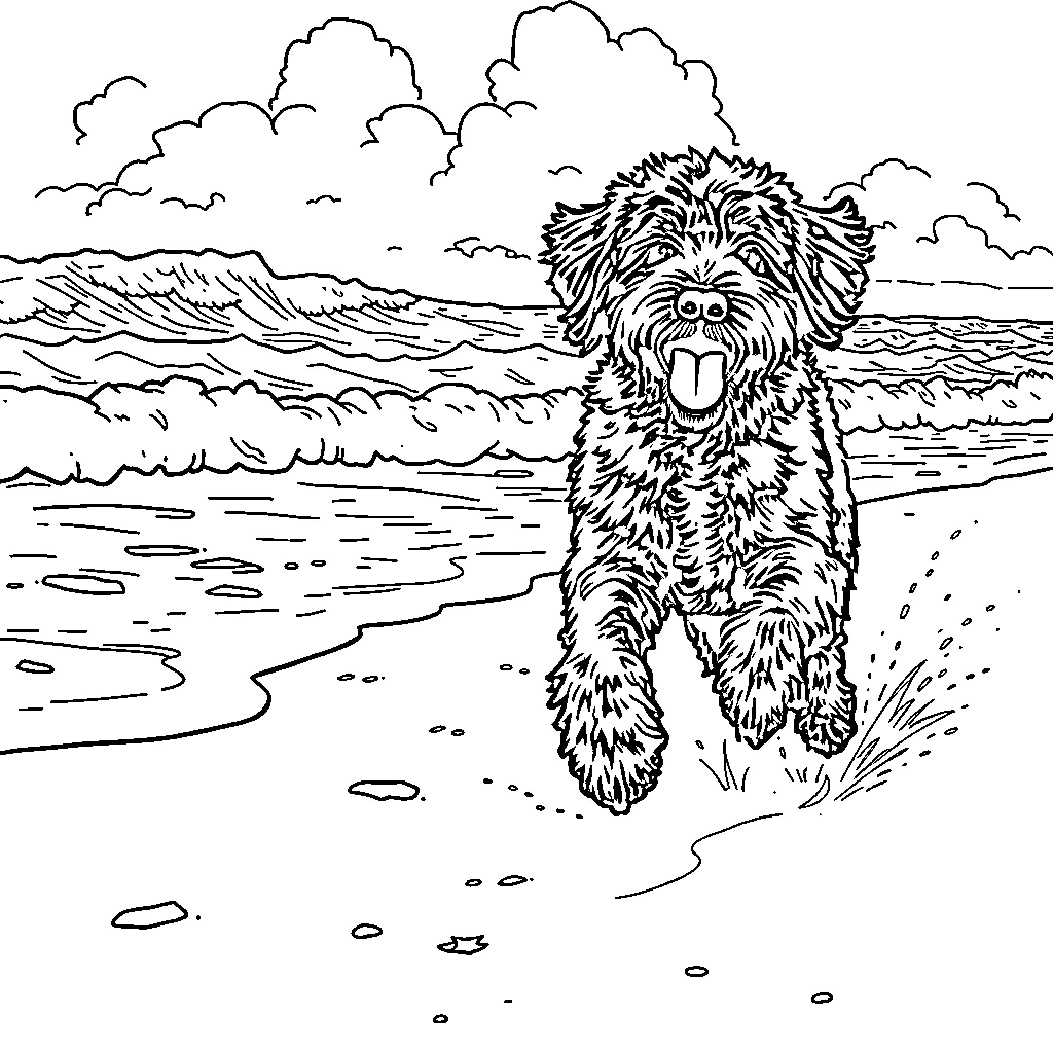 Labradoodle playing happily on the beach Coloring Page (free black-and-white line drawing printable PDF for all, from beginners to advanced learners, including children, teens, adults, and seniors)