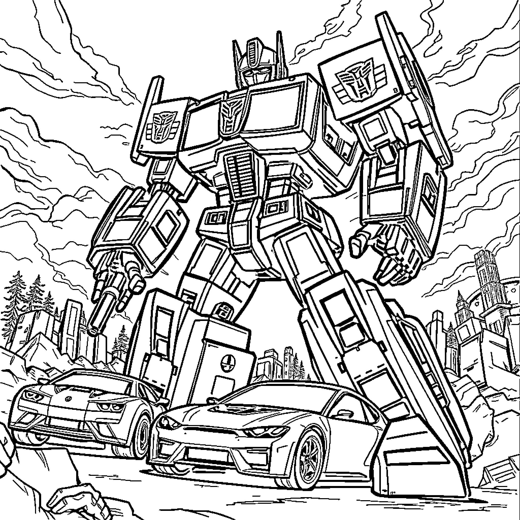 Transformer robot in action, towering over city Coloring Page (free black-and-white line drawing printable PDF for all, from beginners to advanced learners, including children, teens, adults, and seniors)