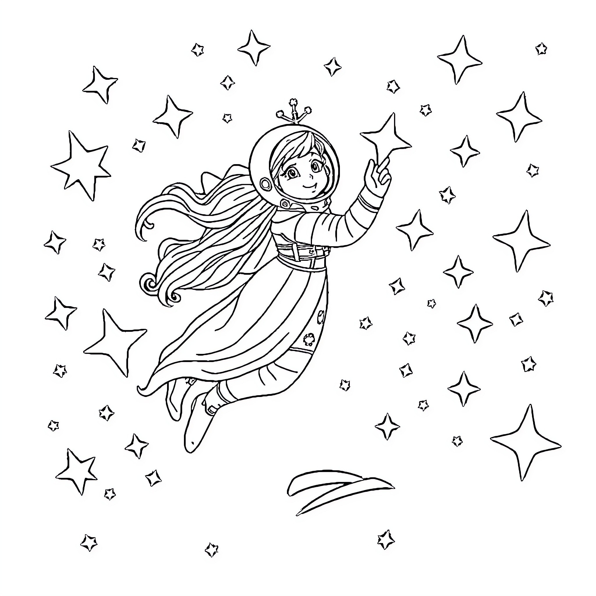 Queen of the Stars in the Galaxy Coloring Page (free black-and-white line drawing printable PDF for all, from beginners to advanced learners, including children, teens, adults, and seniors)