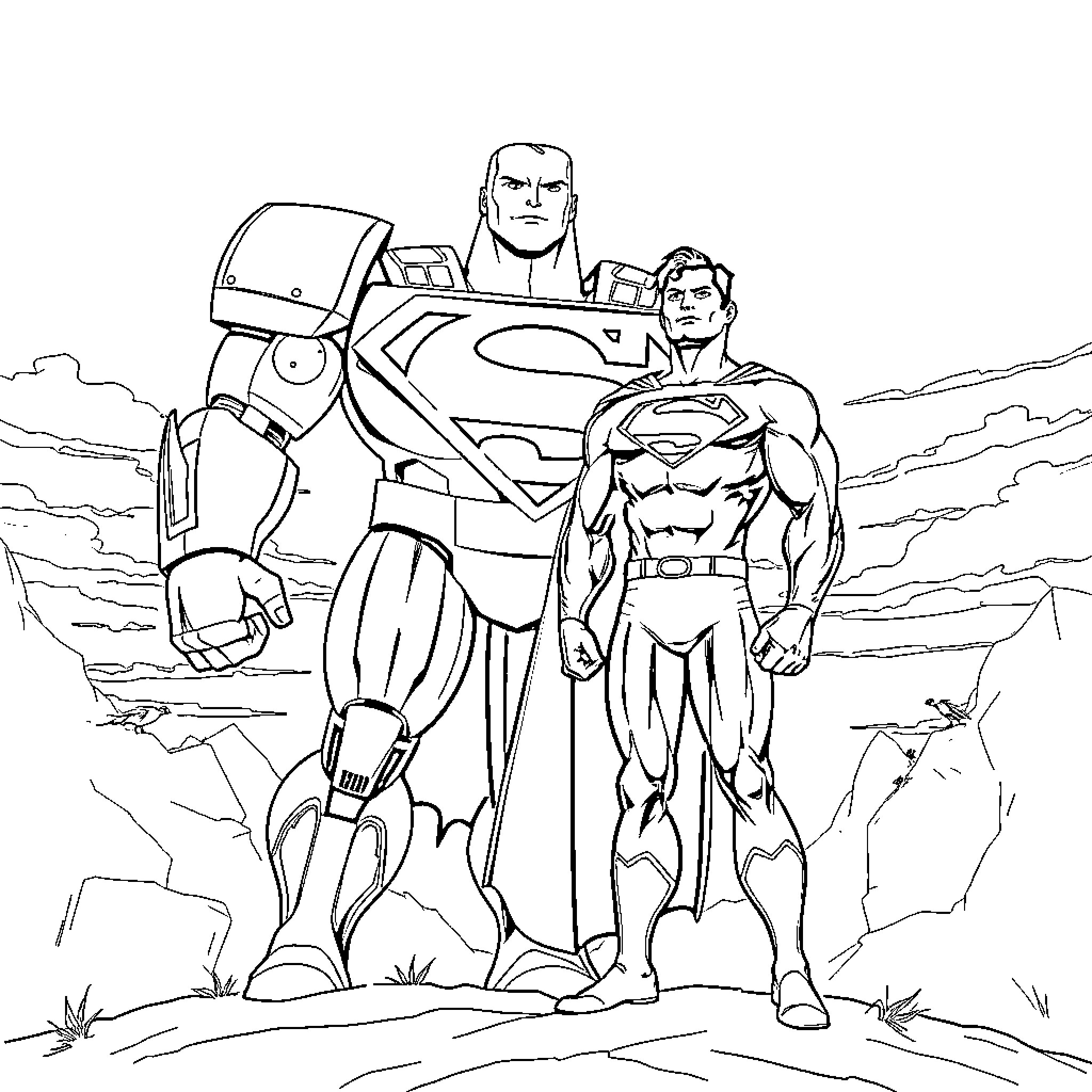 Superman and Robot Sidekick Team Up for Adventure Coloring Page (free black-and-white line drawing printable PDF for all, from beginners to advanced learners, including children, teens, adults, and seniors)