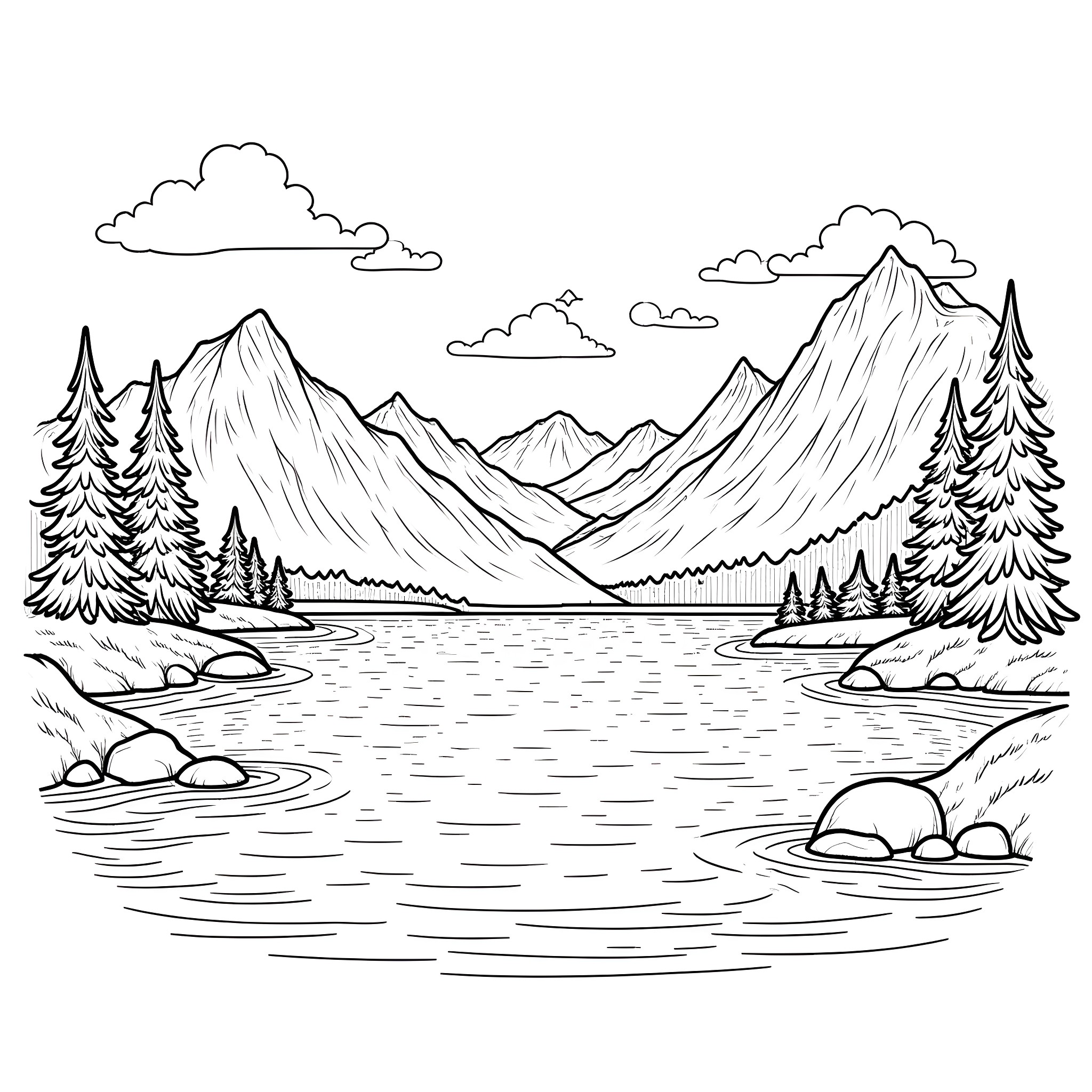 Lake in the serene mountain landscape Coloring Page (free black-and-white line drawing printable PDF for all, from beginners to advanced learners, including children, teens, adults, and seniors)
