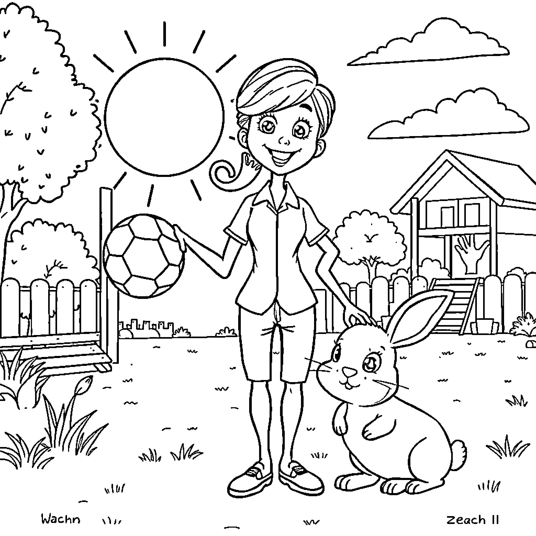 Teacher playing outdoors with student and pet Coloring Page (free black-and-white line drawing printable PDF for all, from beginners to advanced learners, including children, teens, adults, and seniors)