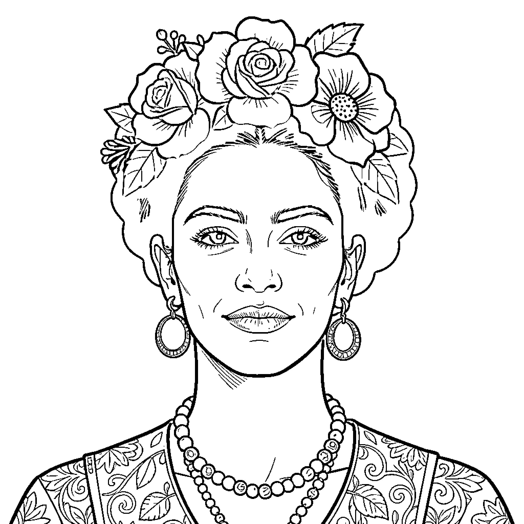 Frida Kahlo with Floral Headpiece and Jewelry Coloring Page (free black-and-white line drawing printable PDF for all, from beginners to advanced learners, including children, teens, adults, and seniors)