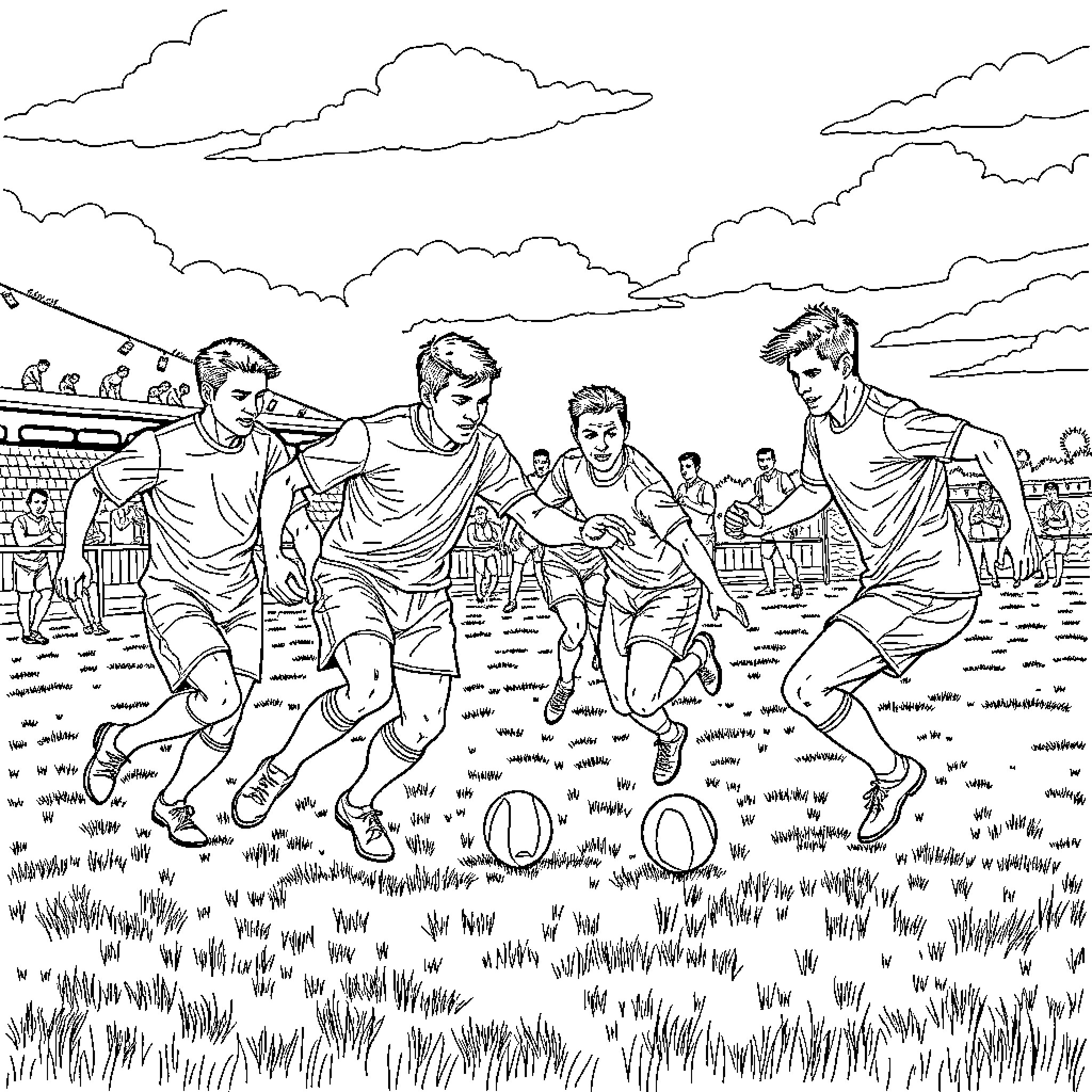 Man playing soccer with friends on field Coloring Page (free black-and-white line drawing printable PDF for all, from beginners to advanced learners, including children, teens, adults, and seniors)