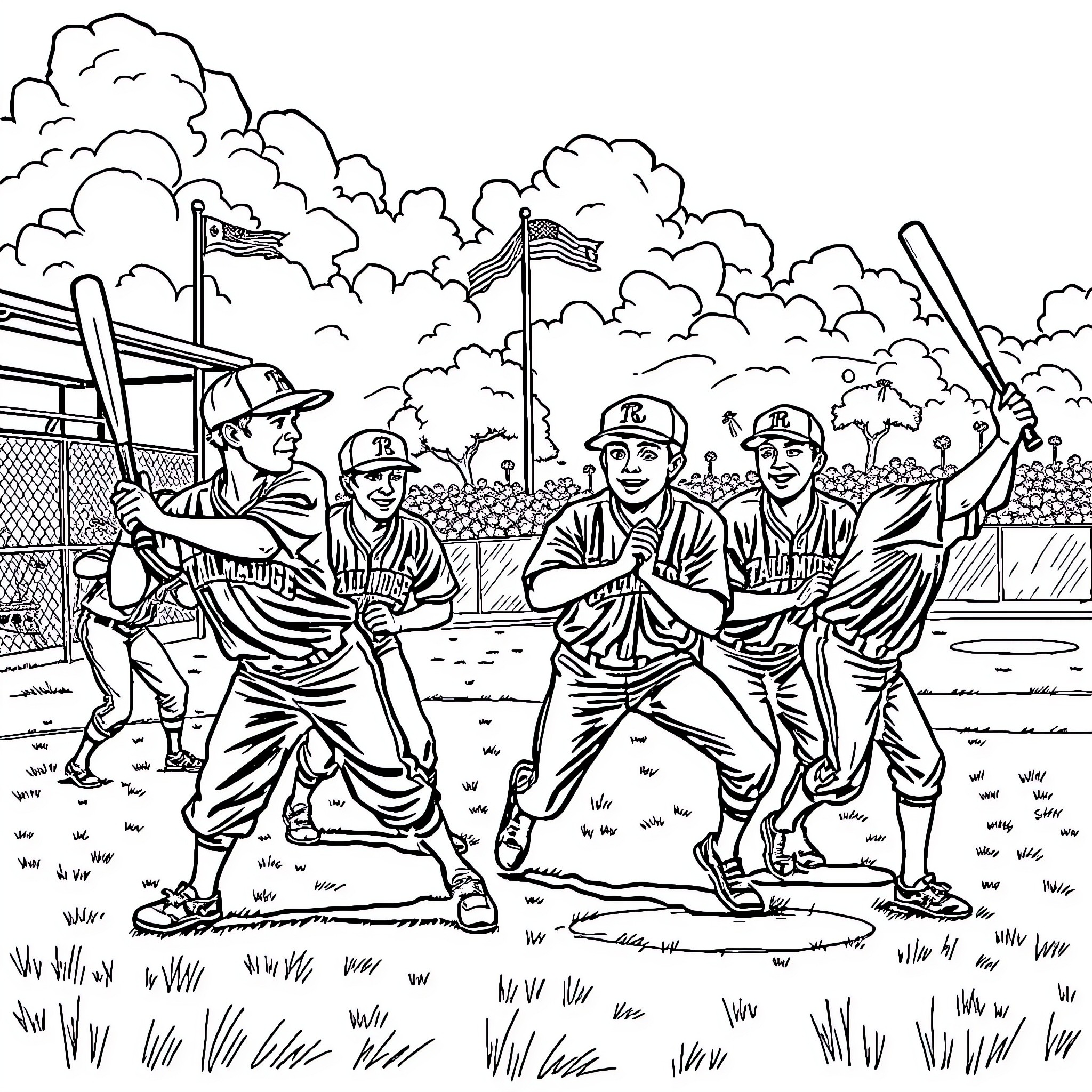 Baseball Players Competing on the Field Coloring Page (free black-and-white line drawing printable PDF for all, from beginners to advanced learners, including children, teens, adults, and seniors)