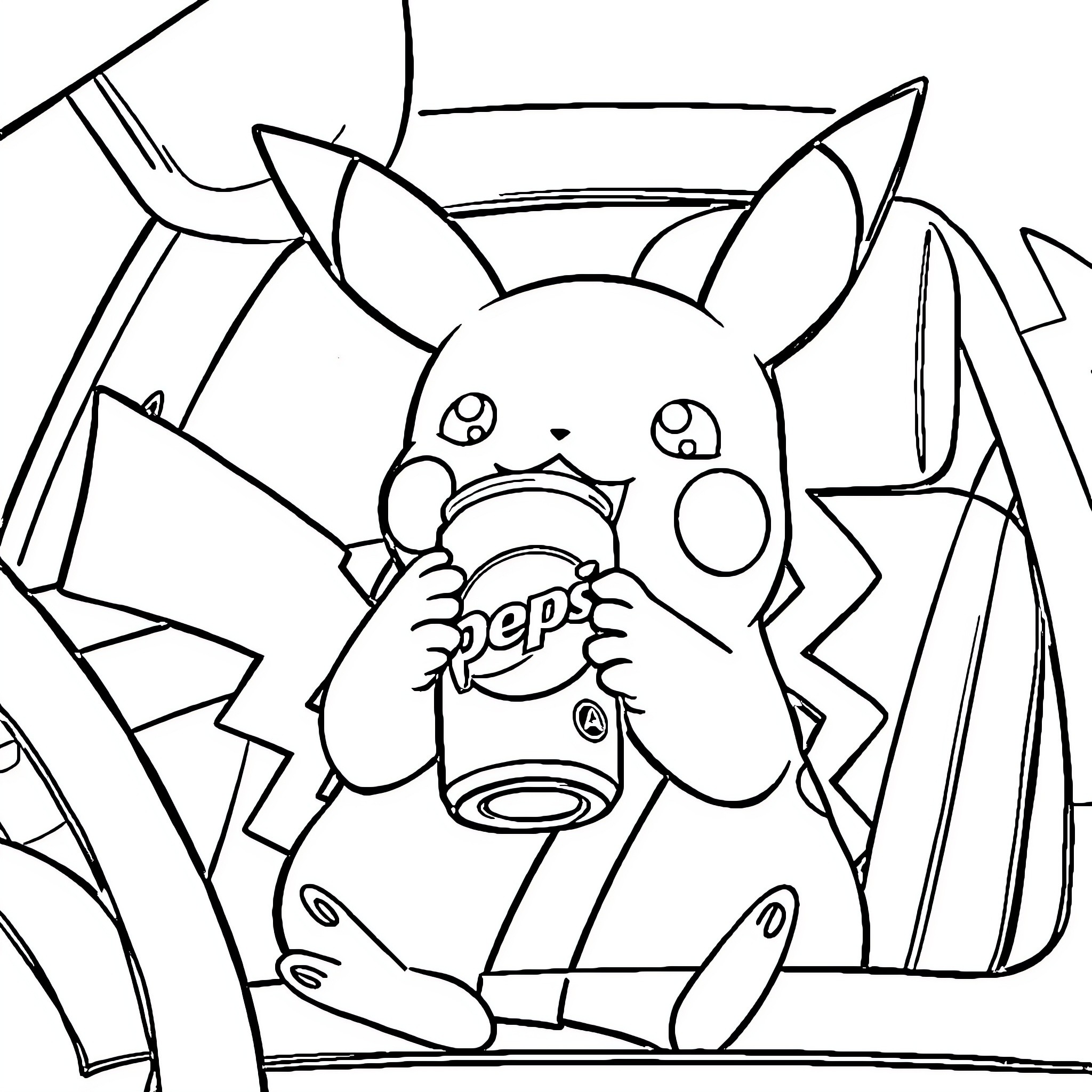 Pikachu enjoying a refreshing soda Coloring Page (free black-and-white line drawing printable PDF for all, from beginners to advanced learners, including children, teens, adults, and seniors)
