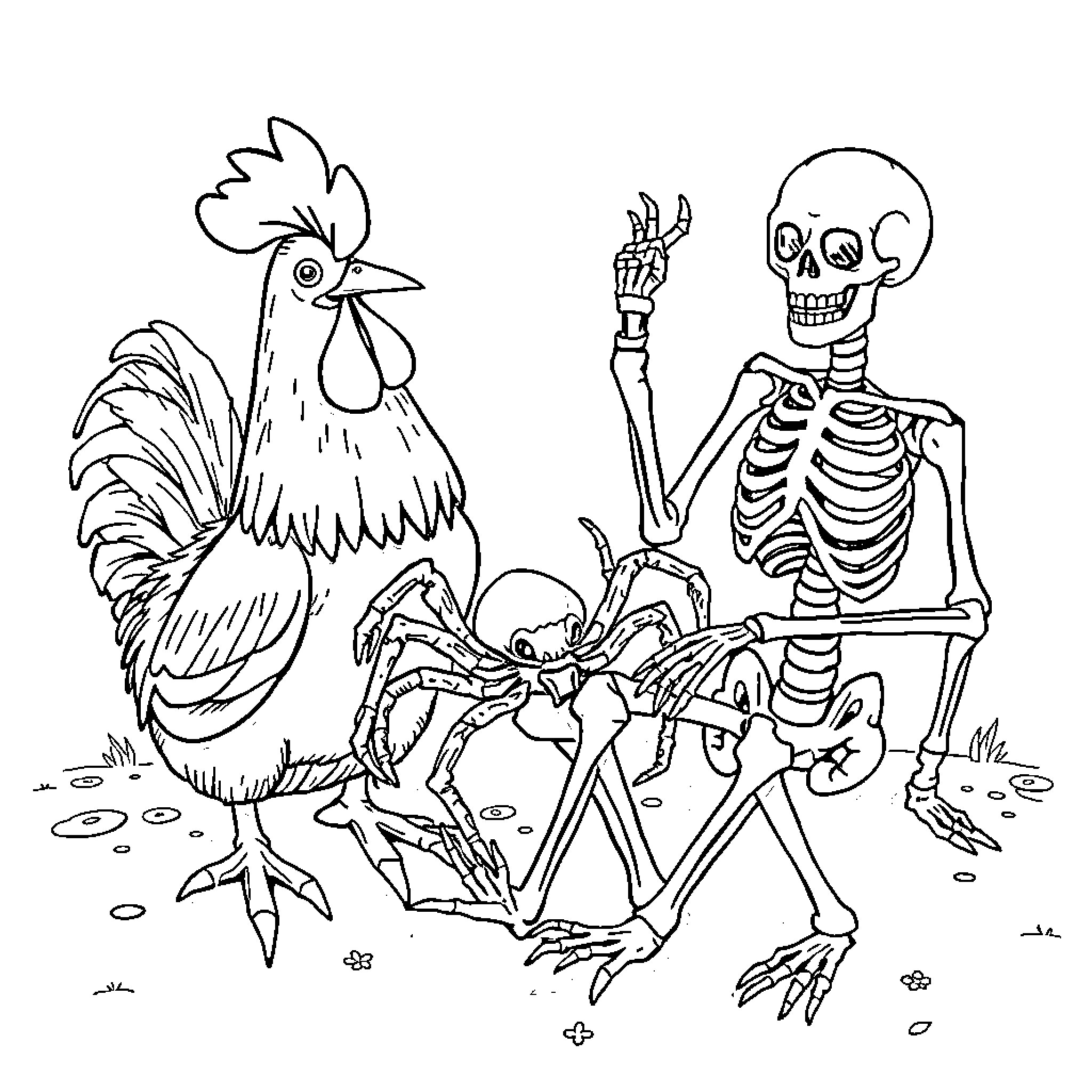 Chicken, Skeleton, and Spider in Spooky Scene Coloring Page (free black-and-white line drawing printable PDF for all, from beginners to advanced learners, including children, teens, adults, and seniors)