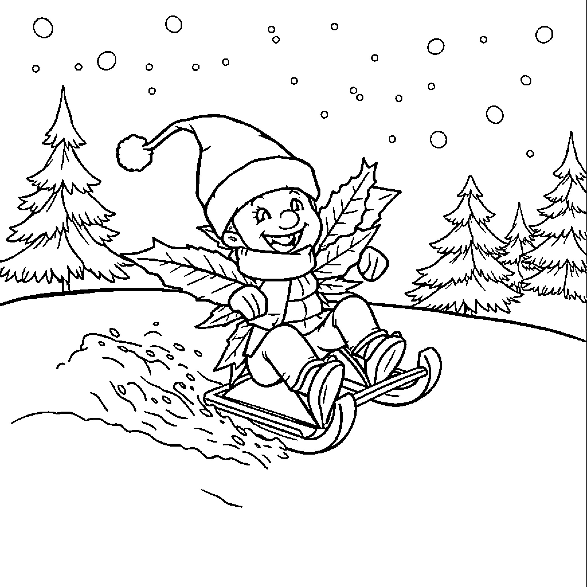 Cannabis Cartoon Character Sledding in Winter Wonderland Coloring Page (free black-and-white line drawing printable PDF for all, from beginners to advanced learners, including children, teens, adults, and seniors)