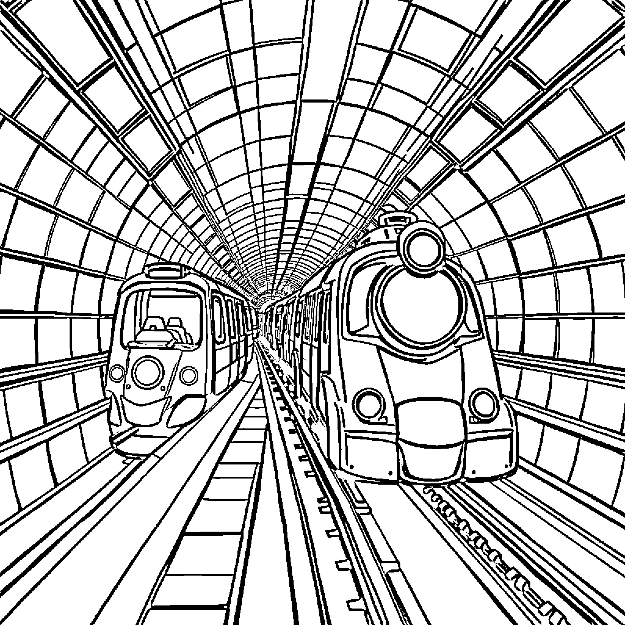 Paw Patrol Pups Explore Futuristic Subway Tunnel Coloring Page (free black-and-white line drawing printable PDF for all, from beginners to advanced learners, including children, teens, adults, and seniors)