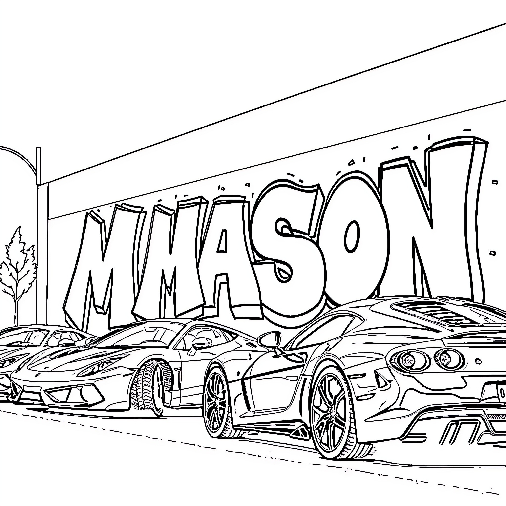 Sports Car Racing Scene with Graffiti Coloring Page (free black-and-white line drawing printable PDF for all, from beginners to advanced learners, including children, teens, adults, and seniors)