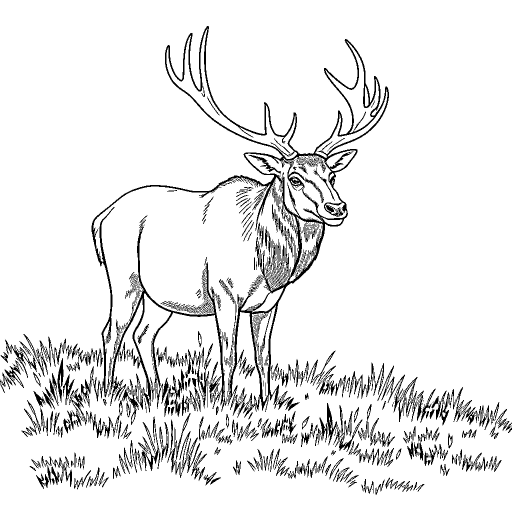Elk standing tall in natural habitat Coloring Page (free black-and-white line drawing printable PDF for all, from beginners to advanced learners, including children, teens, adults, and seniors)