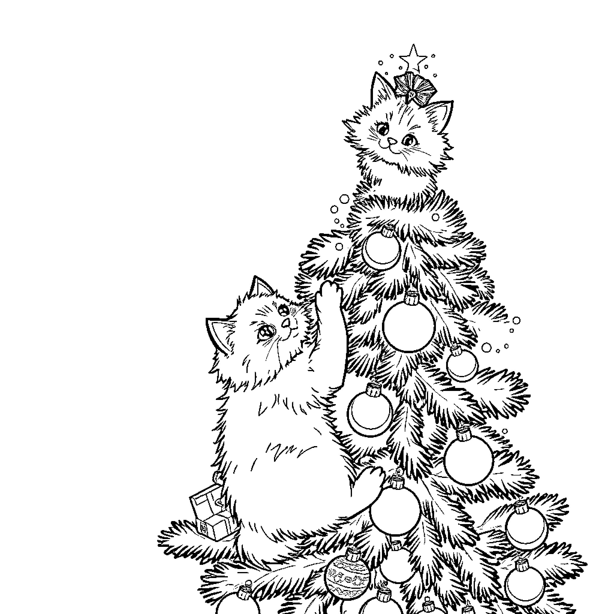 Cats Playing Around the Christmas Tree Coloring Page (free black-and-white line drawing printable PDF for all, from beginners to advanced learners, including children, teens, adults, and seniors)