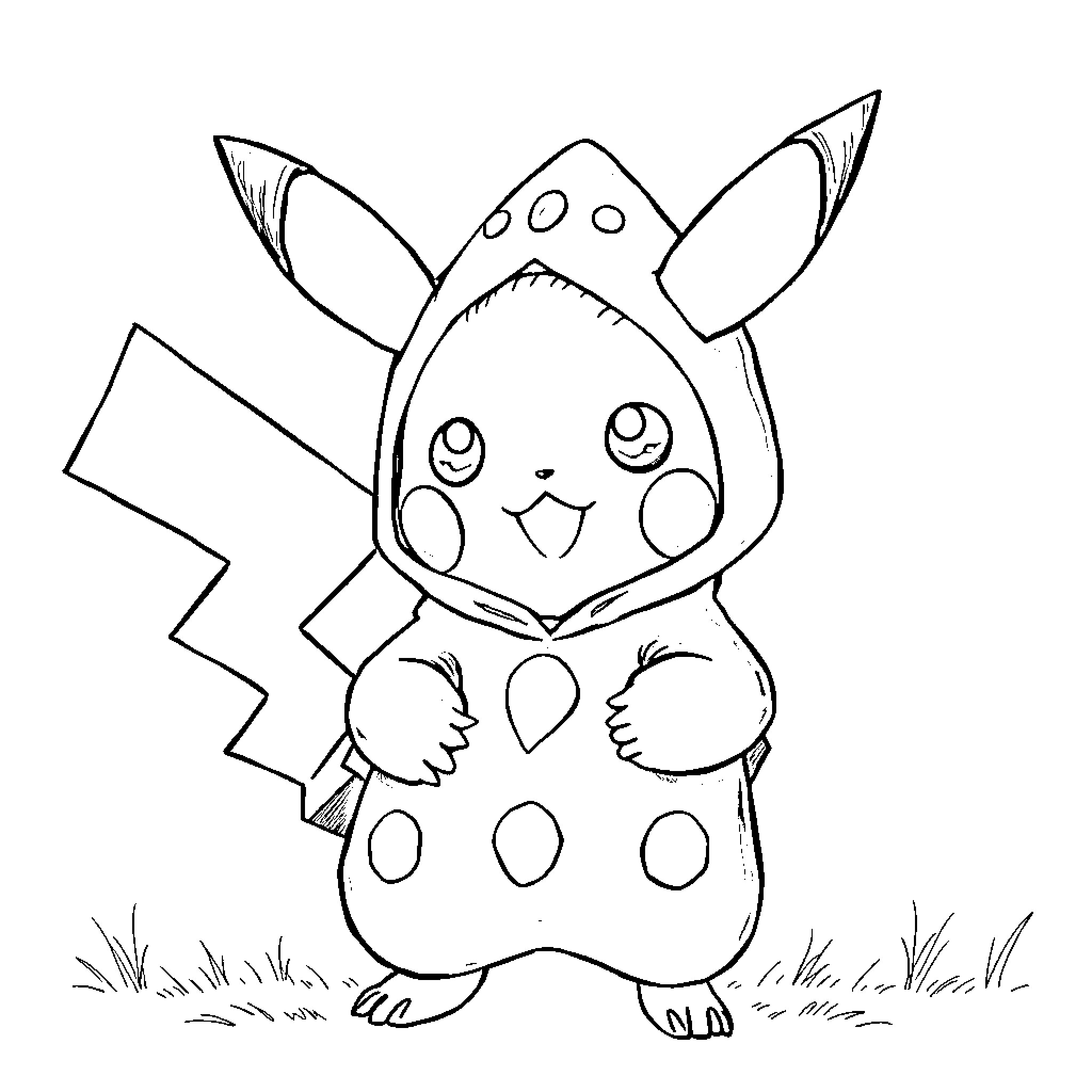 Pikachu wearing a polka dot outfit Coloring Page (free black-and-white line drawing printable PDF for all, from beginners to advanced learners, including children, teens, adults, and seniors)