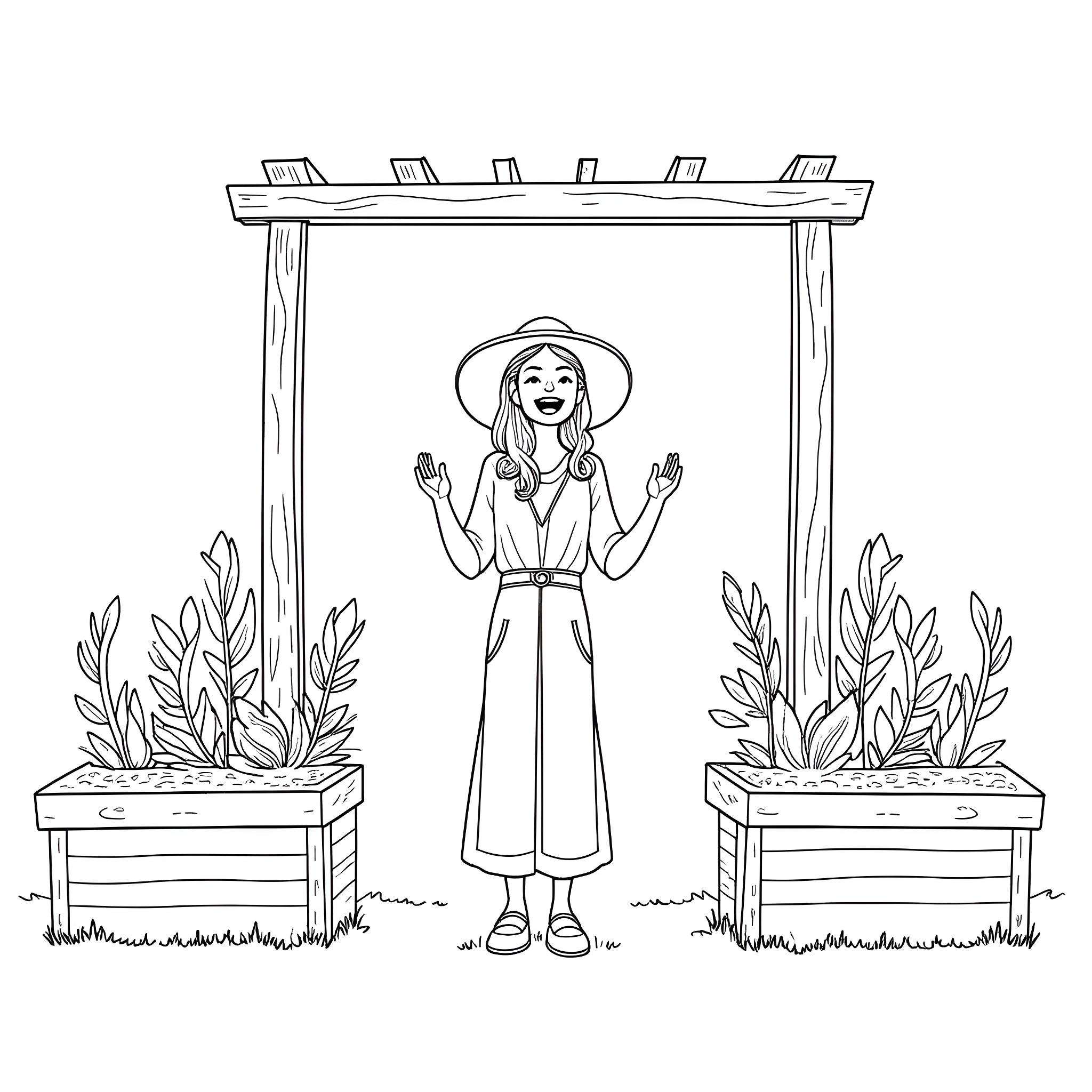 Woman in casual outfit posing in garden Coloring Page (free black-and-white line drawing printable PDF for all, from beginners to advanced learners, including children, teens, adults, and seniors)
