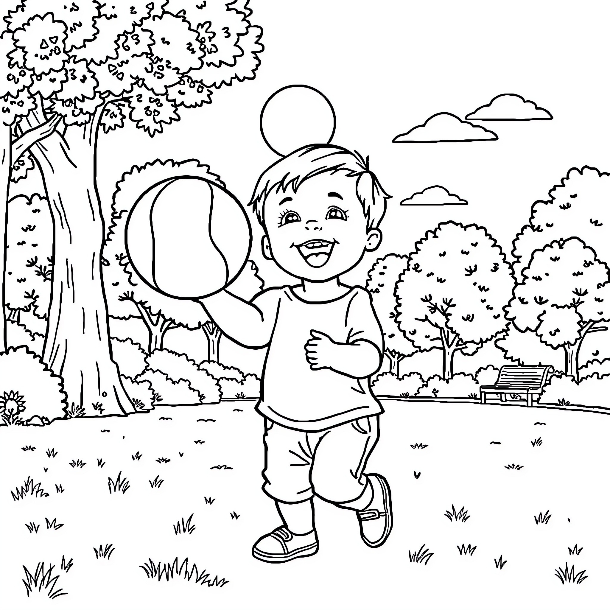 Toddler playing happily with ball in park Coloring Page (free black-and-white line drawing printable PDF for all, from beginners to advanced learners, including children, teens, adults, and seniors)