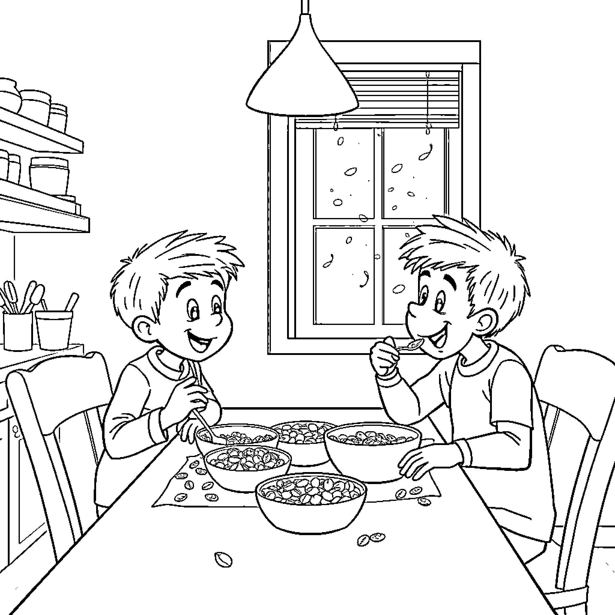 Simon and His Friend Enjoy a Snack Together Coloring Page (free black-and-white line drawing printable PDF for all, from beginners to advanced learners, including children, teens, adults, and seniors)