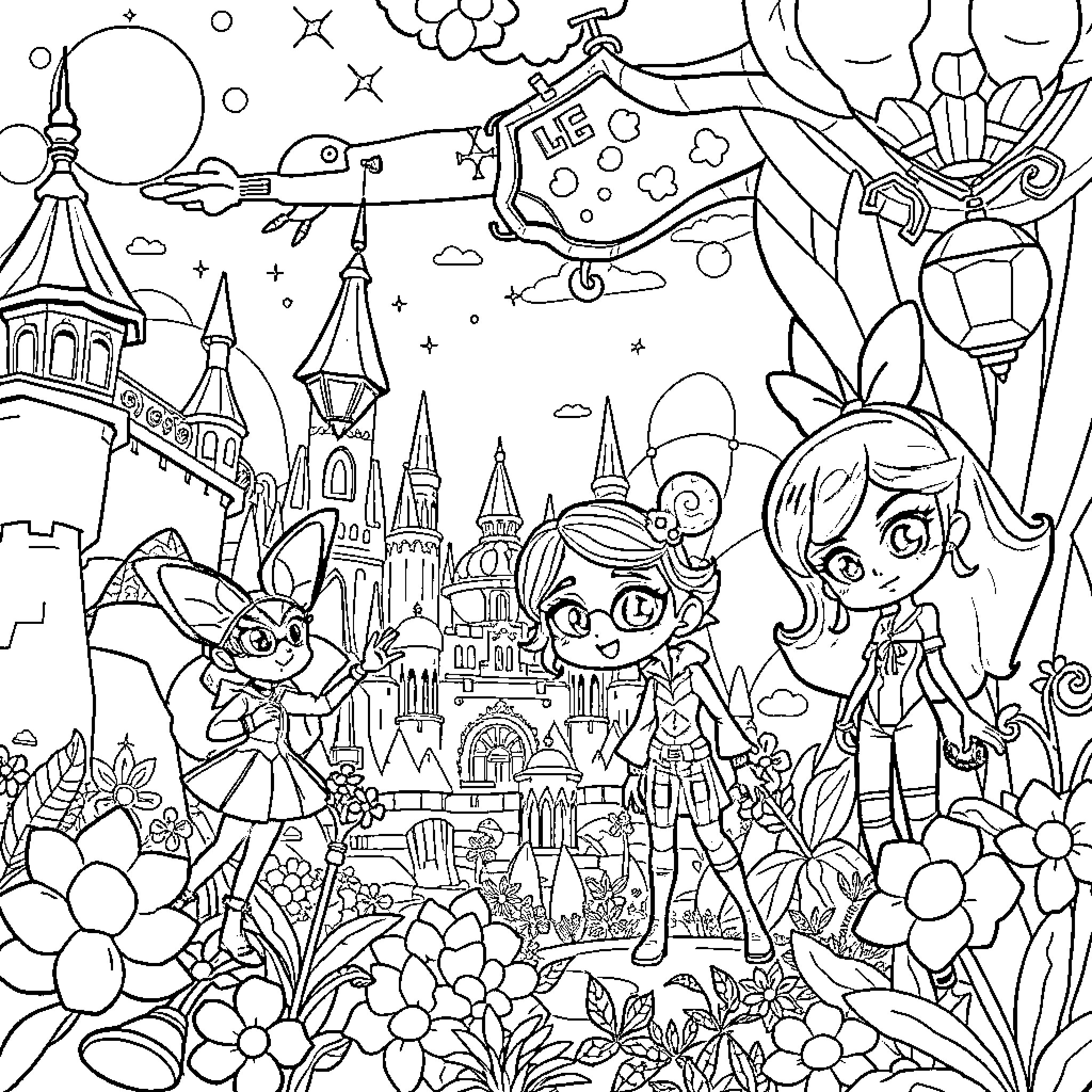 Miraculous Adventures in a Fantastical World Coloring Page (free black-and-white line drawing printable PDF for all, from beginners to advanced learners, including children, teens, adults, and seniors)