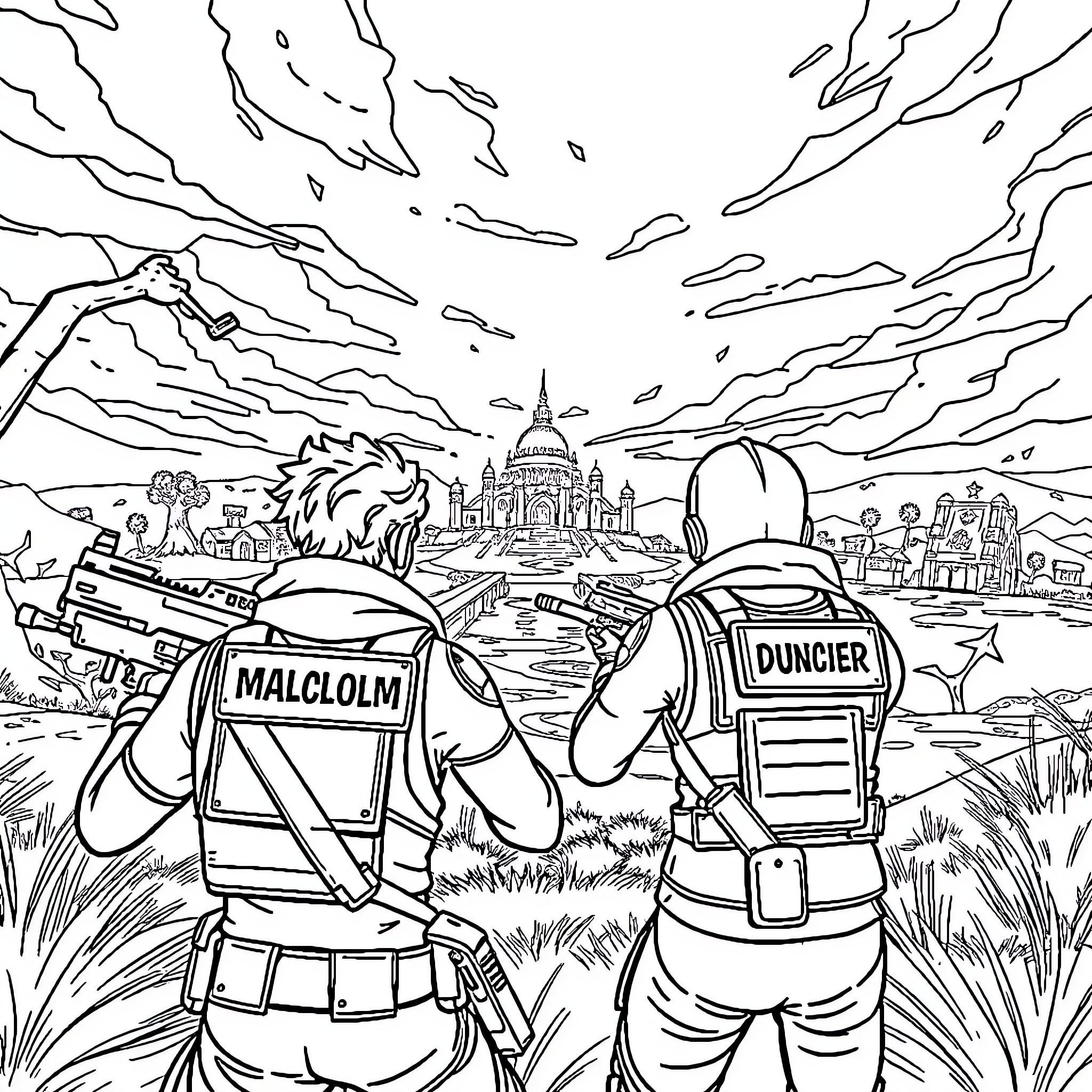 Fortnite players exploring a fantastical landscape Coloring Page (free black-and-white line drawing printable PDF for all, from beginners to advanced learners, including children, teens, adults, and seniors)