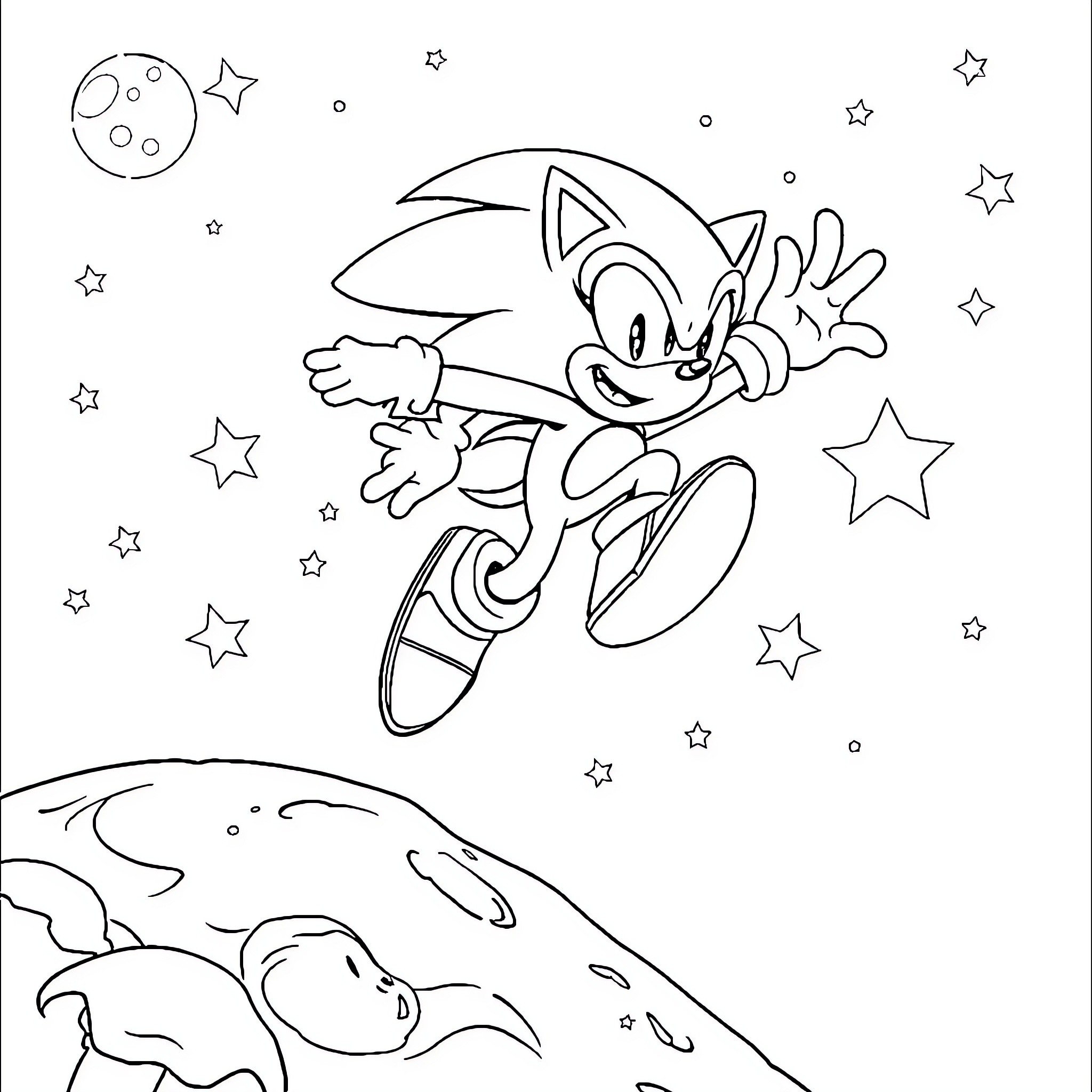 Sonic running joyfully through the stars Coloring Page (free black-and-white line drawing printable PDF for all, from beginners to advanced learners, including children, teens, adults, and seniors)