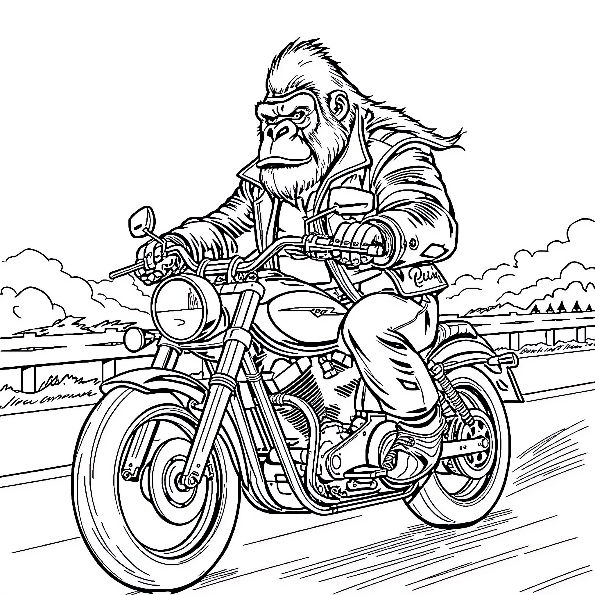 Gorilla riding a motorcycle on the highway Coloring Page (free black-and-white line drawing printable PDF for all, from beginners to advanced learners, including children, teens, adults, and seniors)