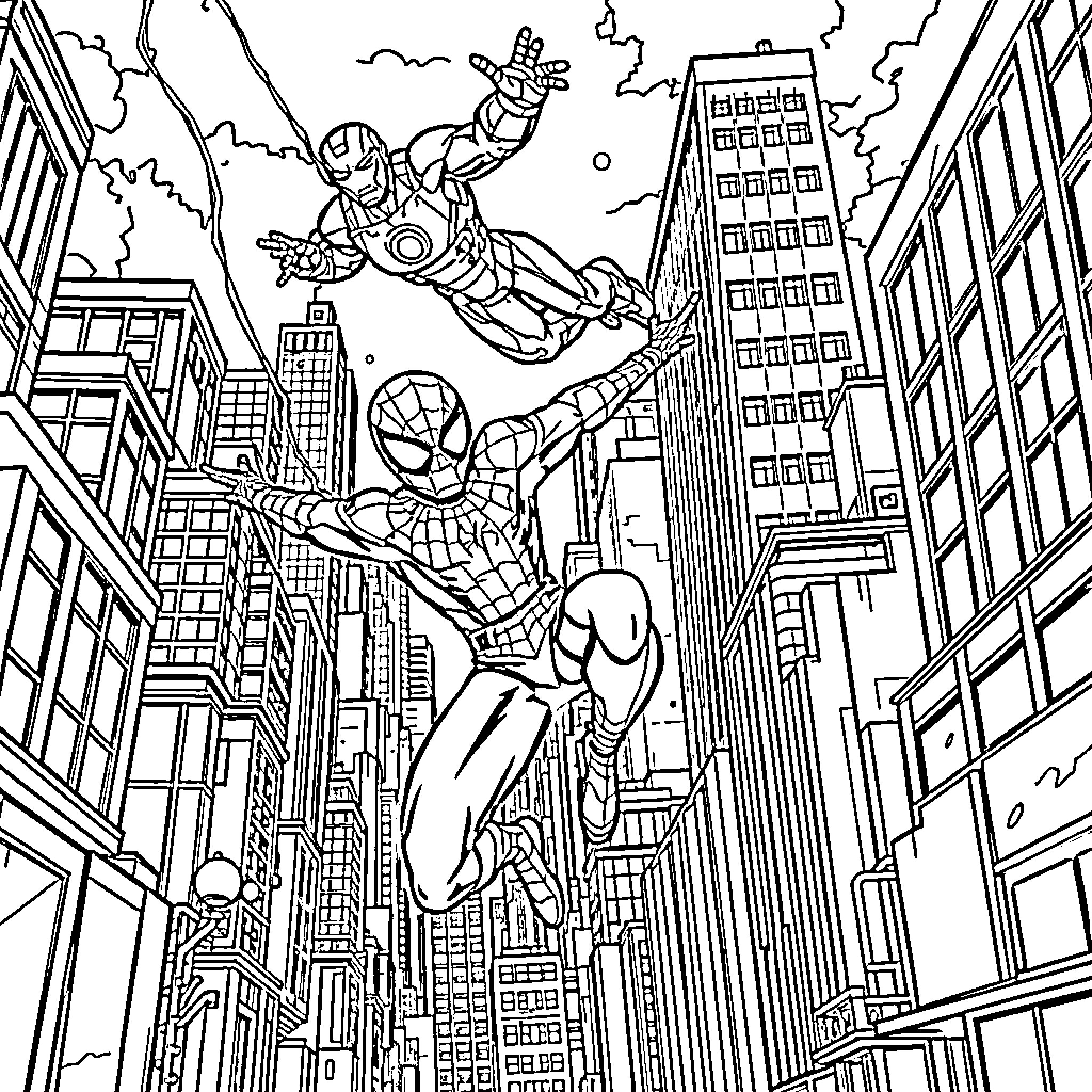 Marvel Characters Soaring Through the City Skyline Coloring Page (free black-and-white line drawing printable PDF for all, from beginners to advanced learners, including children, teens, adults, and seniors)