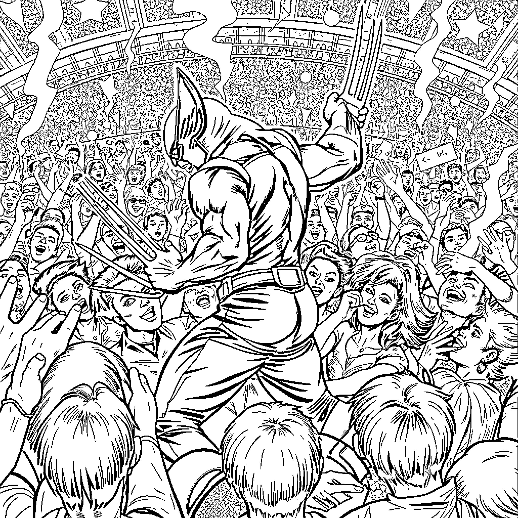 Wolverine rallying the crowd with heroic pose Coloring Page (free black-and-white line drawing printable PDF for all, from beginners to advanced learners, including children, teens, adults, and seniors)
