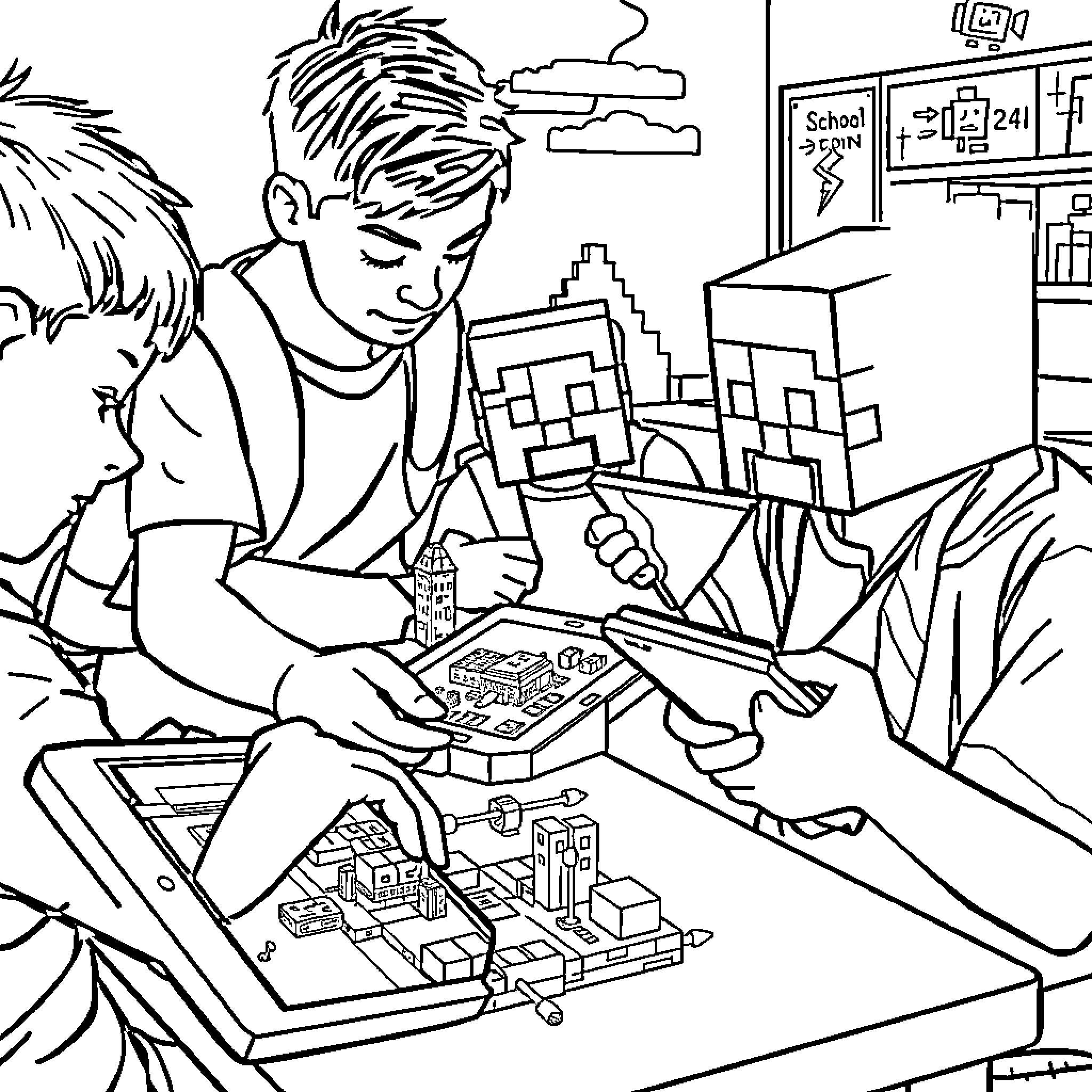 Minecraft Players Constructing Models in Classroom Coloring Page (free black-and-white line drawing printable PDF for all, from beginners to advanced learners, including children, teens, adults, and seniors)