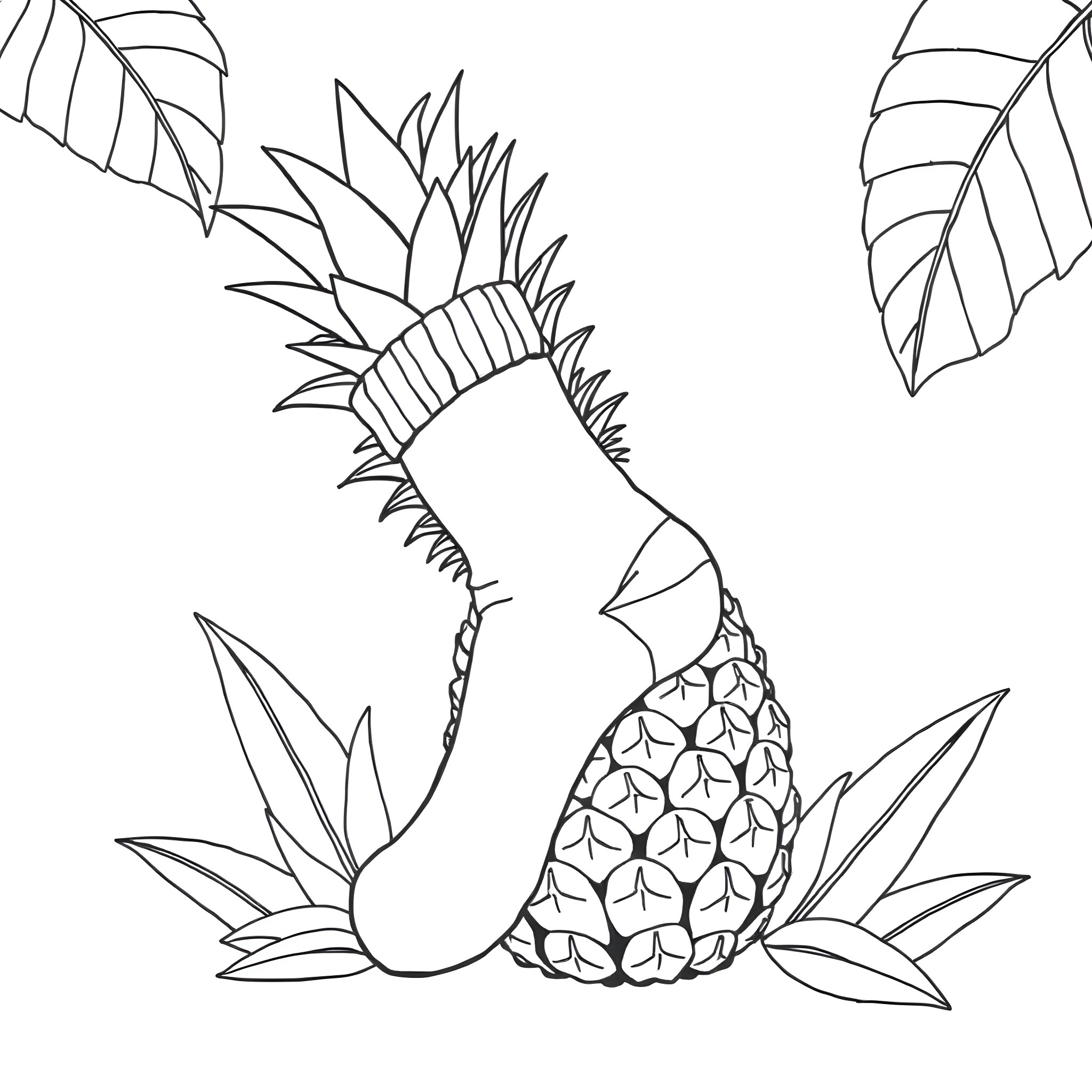 Sock Pineapple with Tropical Leaves Coloring Page (free black-and-white line drawing printable PDF for all, from beginners to advanced learners, including children, teens, adults, and seniors)