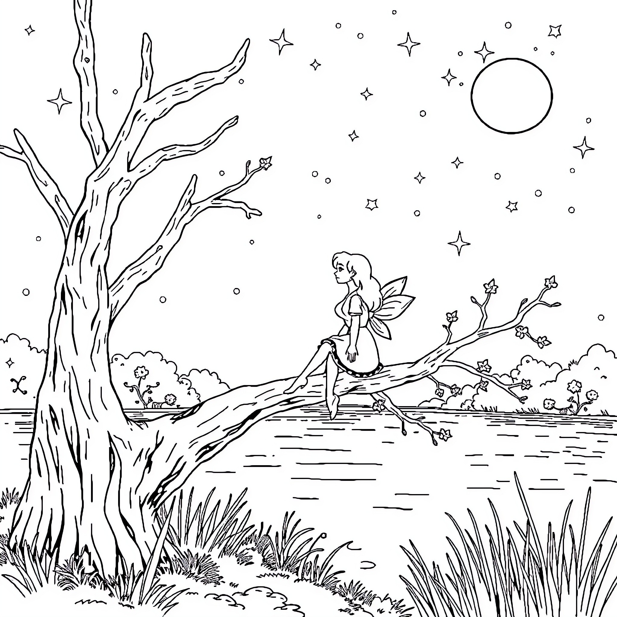 Feestar fairy in enchanting night scenery Coloring Page (free black-and-white line drawing printable PDF for all, from beginners to advanced learners, including children, teens, adults, and seniors)