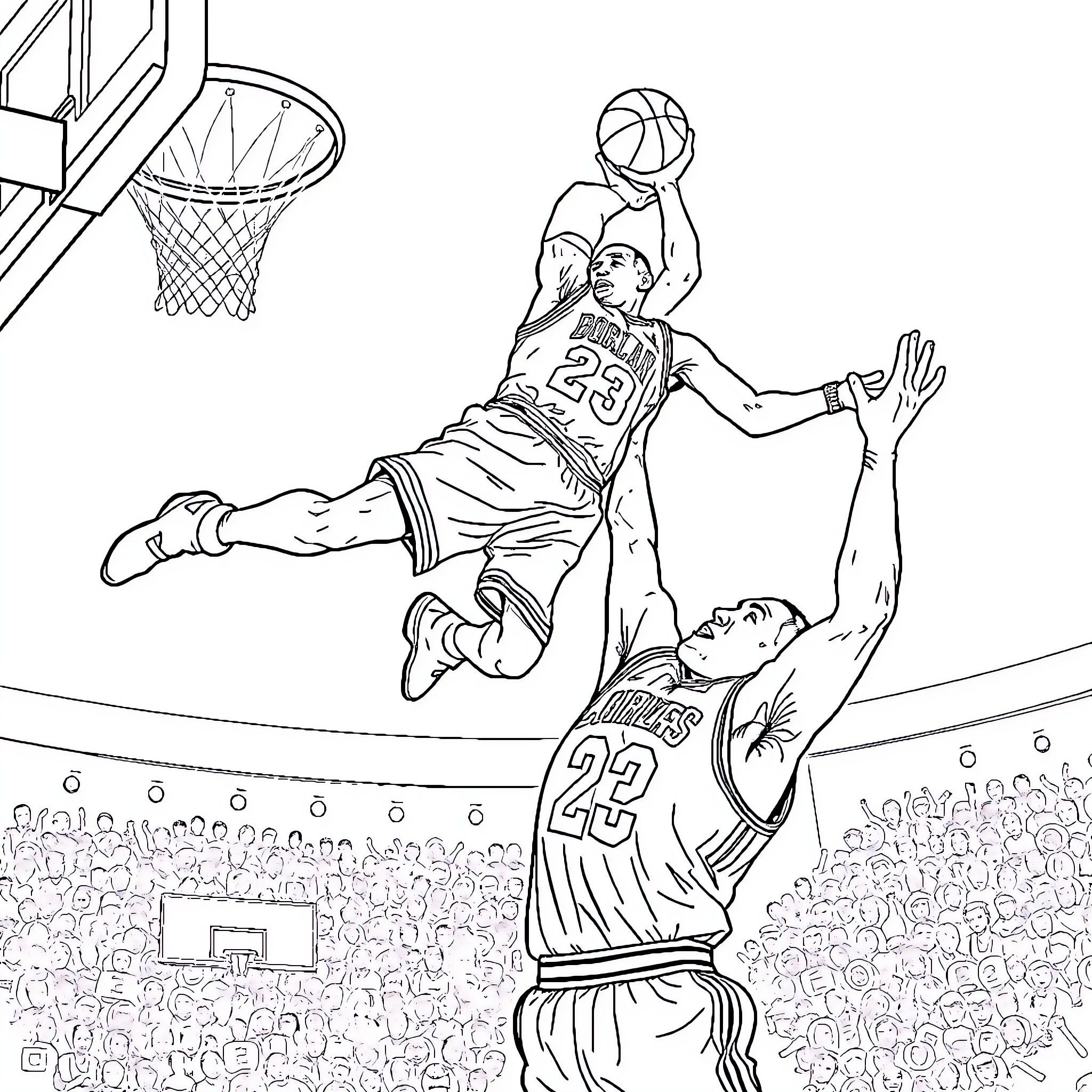 Michael Jordan Airborne Basketball Dunk Showdown Coloring Page (free black-and-white line drawing printable PDF for all, from beginners to advanced learners, including children, teens, adults, and seniors)