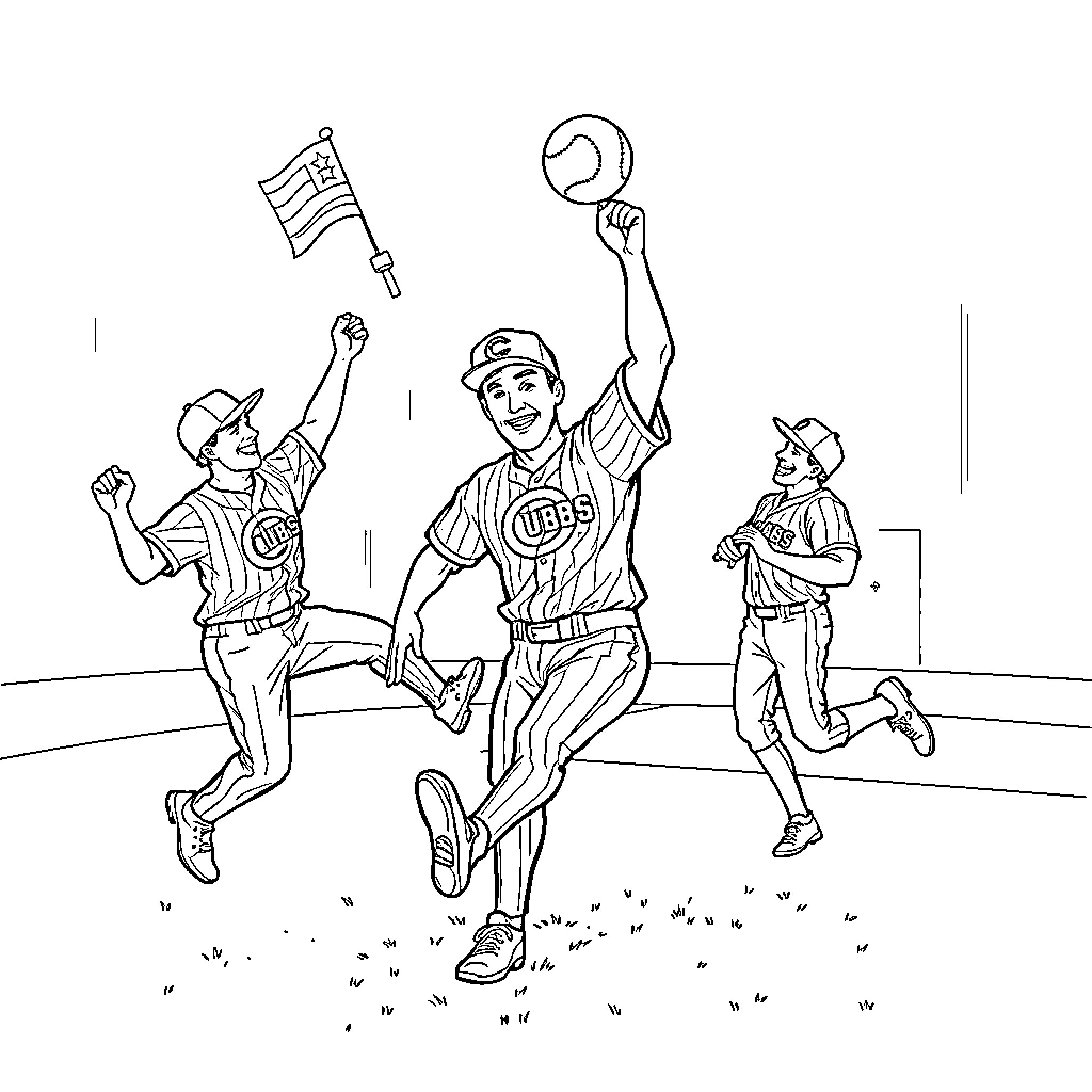 Cubs celebrating victory on baseball field Coloring Page (free black-and-white line drawing printable PDF for all, from beginners to advanced learners, including children, teens, adults, and seniors)