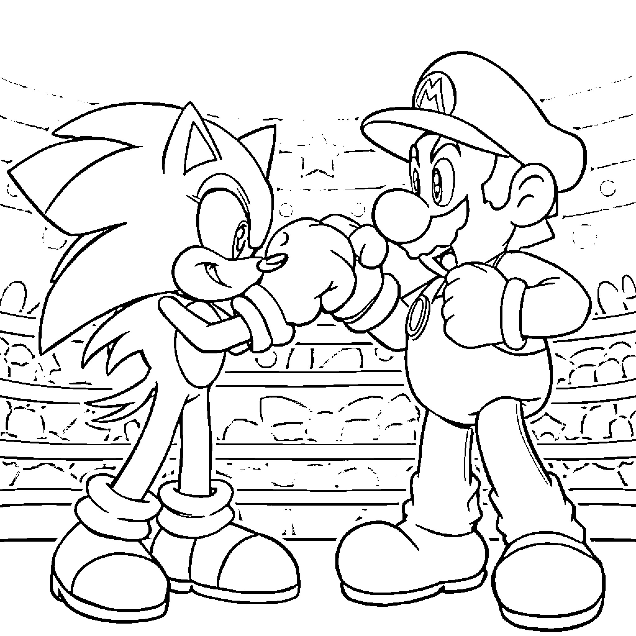 Sonic and Mario's Adventurous Encounter Coloring Page (free black-and-white line drawing printable PDF for all, from beginners to advanced learners, including children, teens, adults, and seniors)