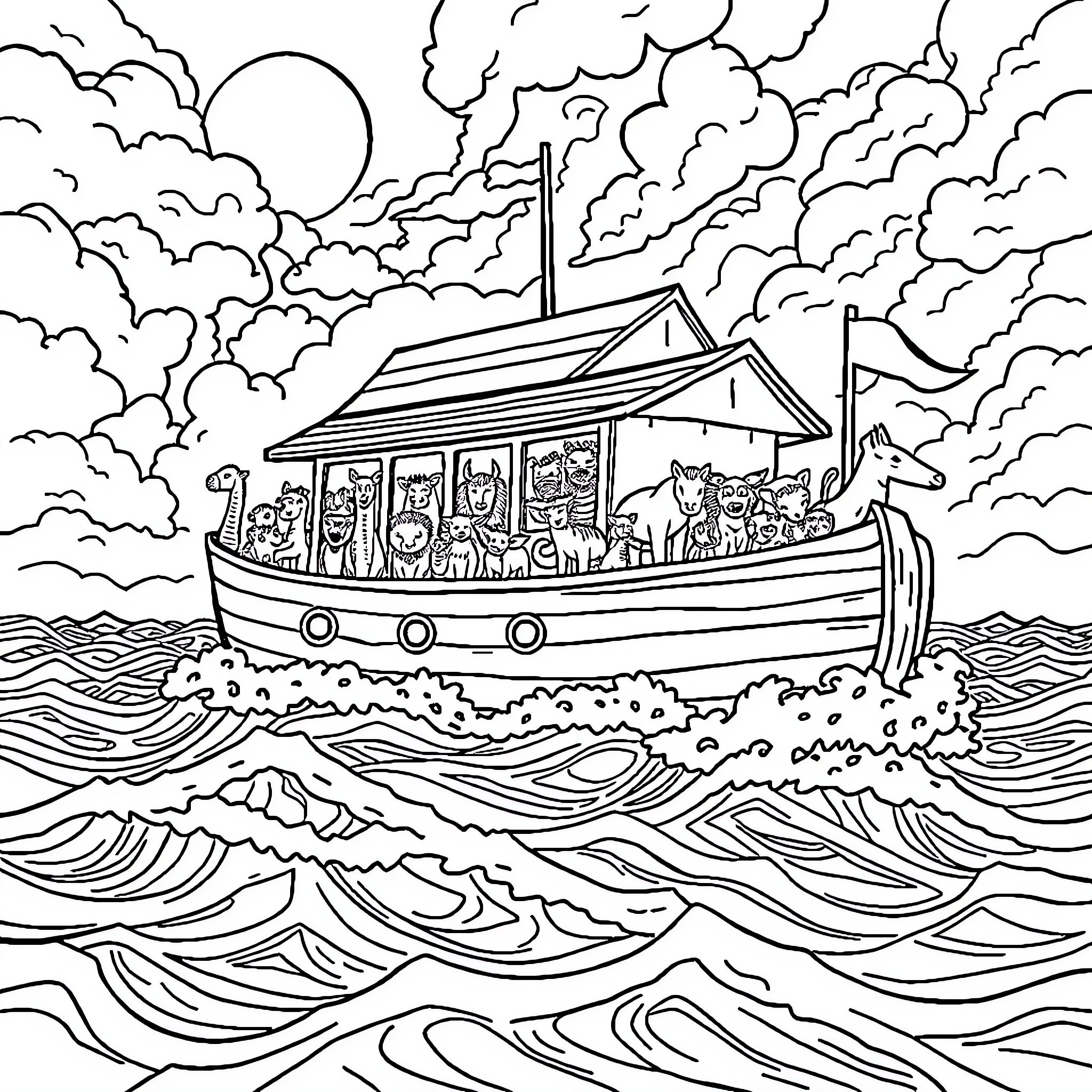 Noah's Ark Sailing Through Stormy Waves Coloring Page (free black-and-white line drawing printable PDF for all, from beginners to advanced learners, including children, teens, adults, and seniors)