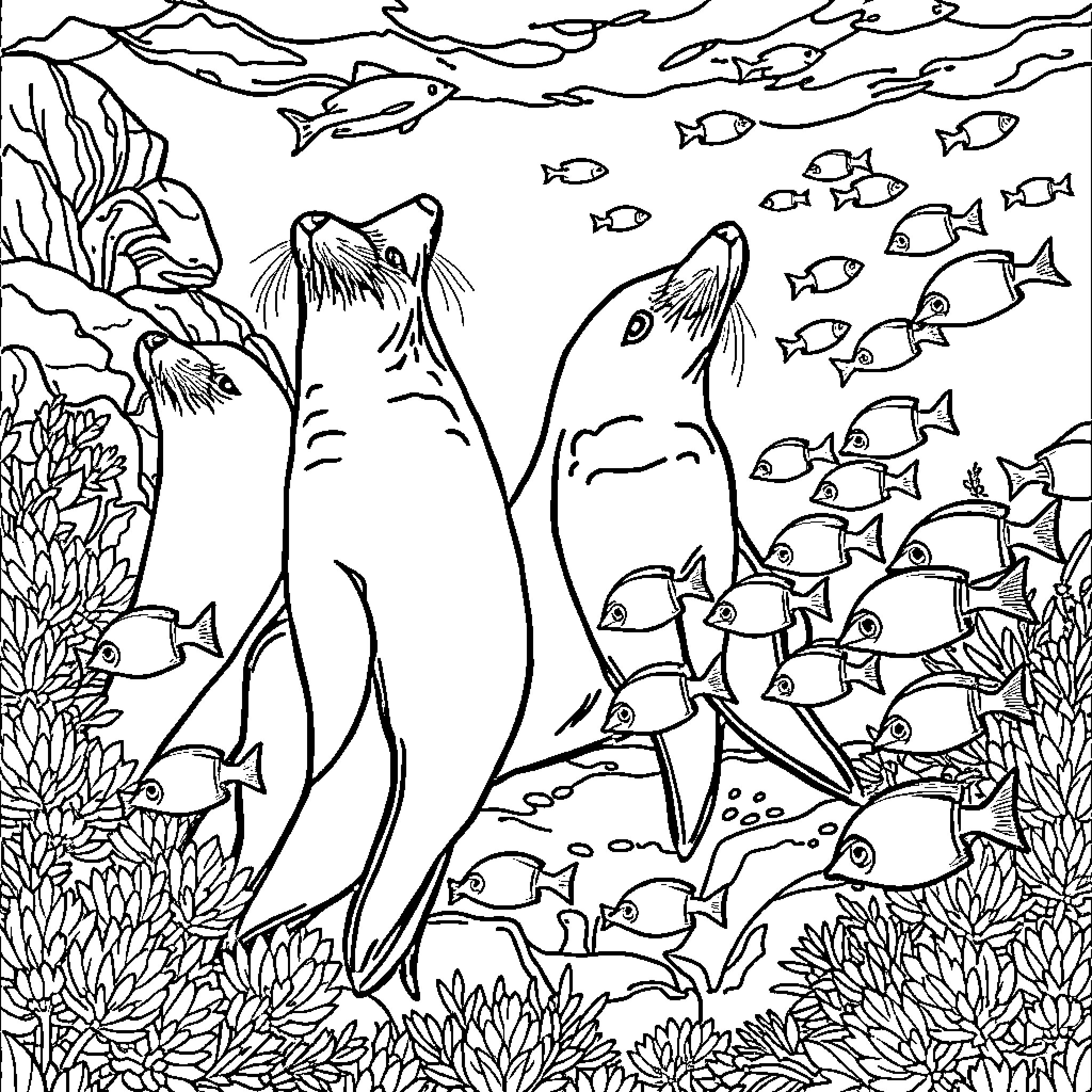 Sea Animals Interacting in Underwater Habitat Coloring Page (free black-and-white line drawing printable PDF for all, from beginners to advanced learners, including children, teens, adults, and seniors)