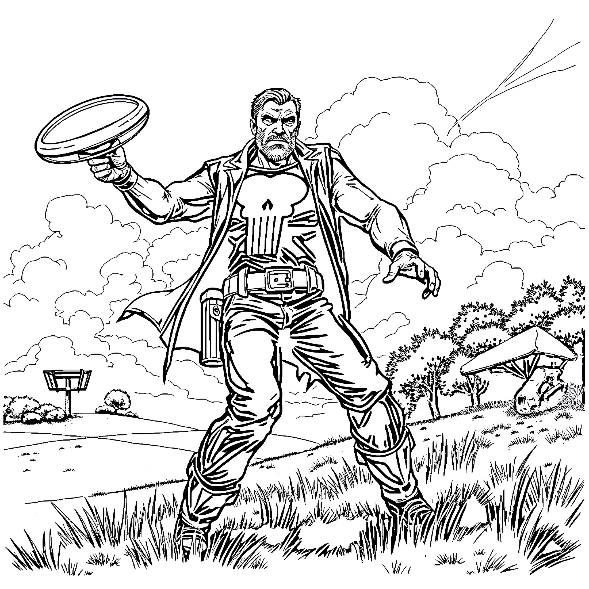Punisher Unleashes Justice in the Wilderness Coloring Page (free black-and-white line drawing printable PDF for all, from beginners to advanced learners, including children, teens, adults, and seniors)