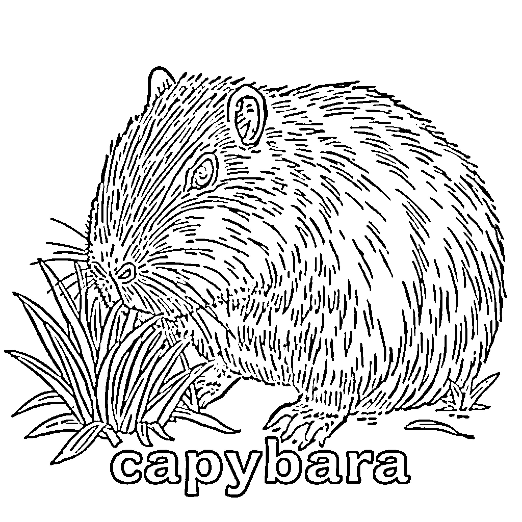 Capybara resting in the grass Coloring Page (free black-and-white line drawing printable PDF for all, from beginners to advanced learners, including children, teens, adults, and seniors)