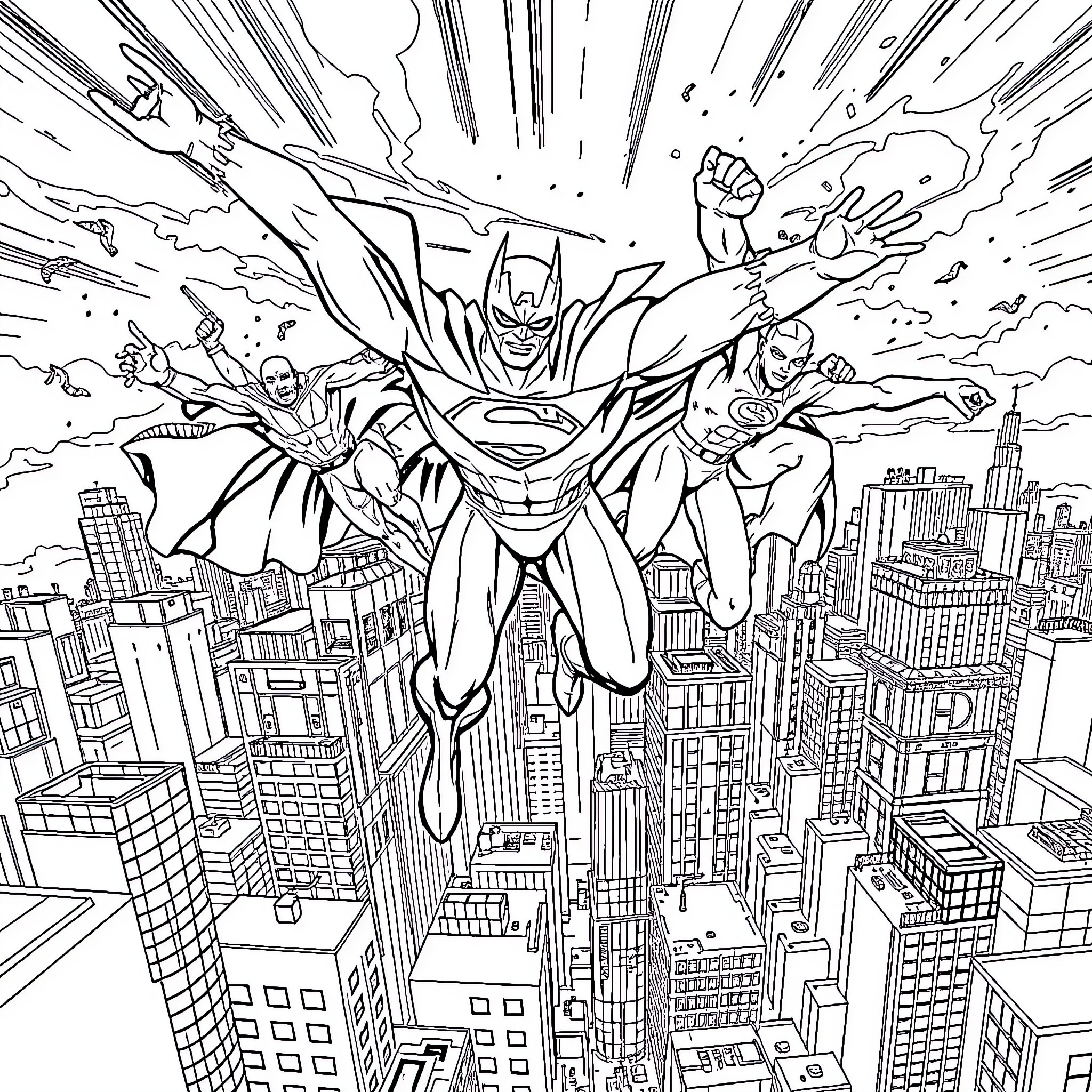 Superheroes Soaring Over the City in Action Coloring Page (free black-and-white line drawing printable PDF for all, from beginners to advanced learners, including children, teens, adults, and seniors)